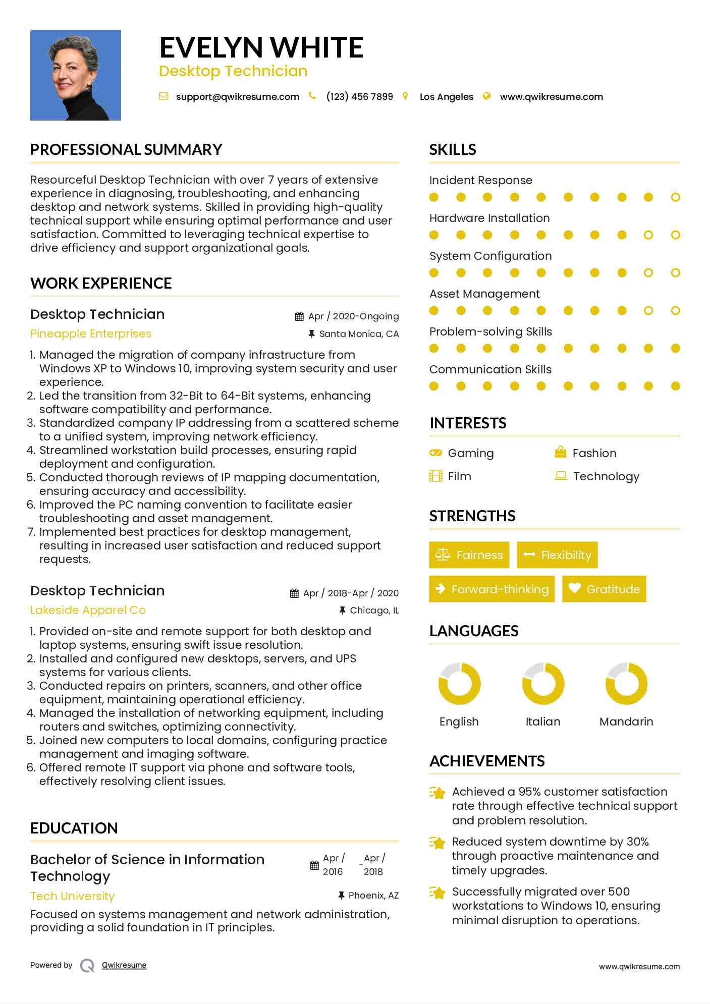 Desktop Technician Resume Sample