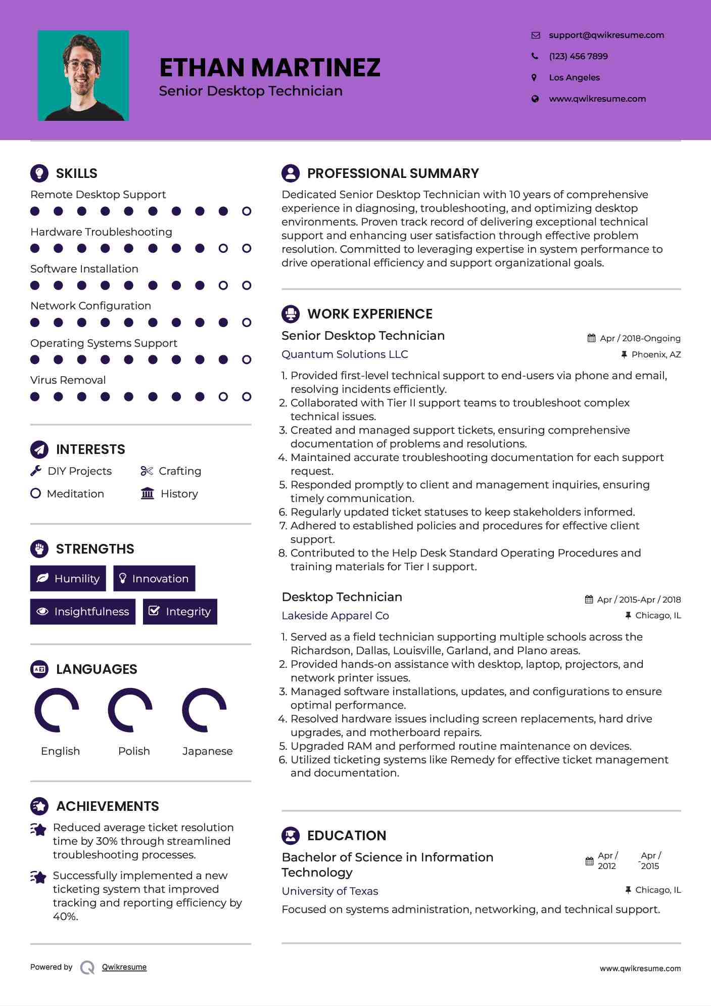 Senior Desktop Technician Resume Format