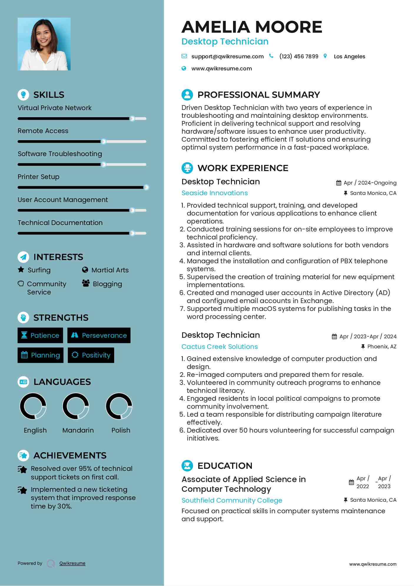 Desktop Technician Resume Sample