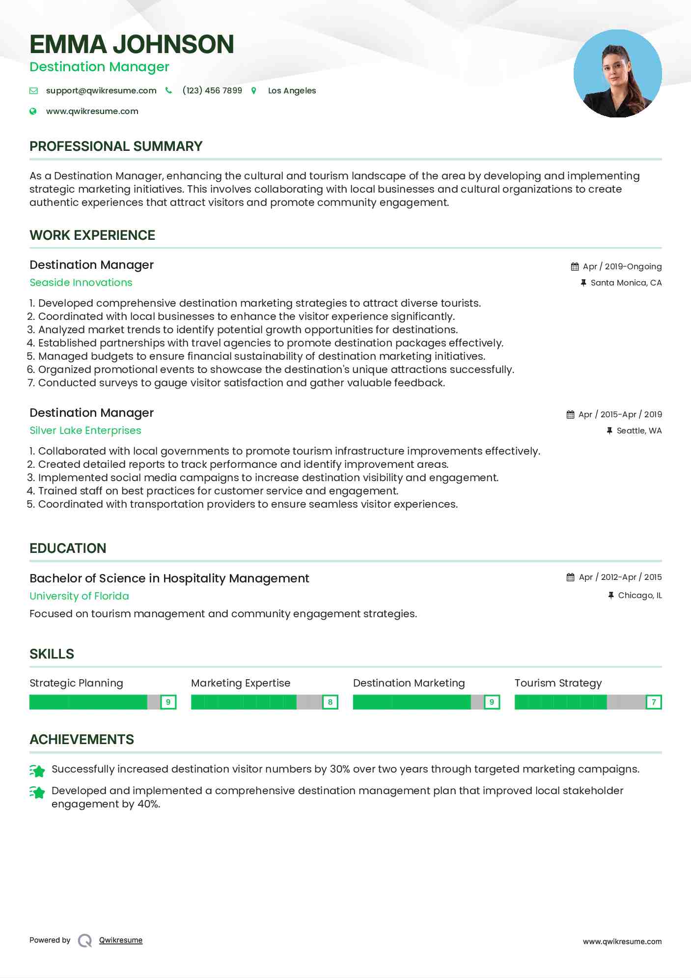 Destination Manager Resume Model