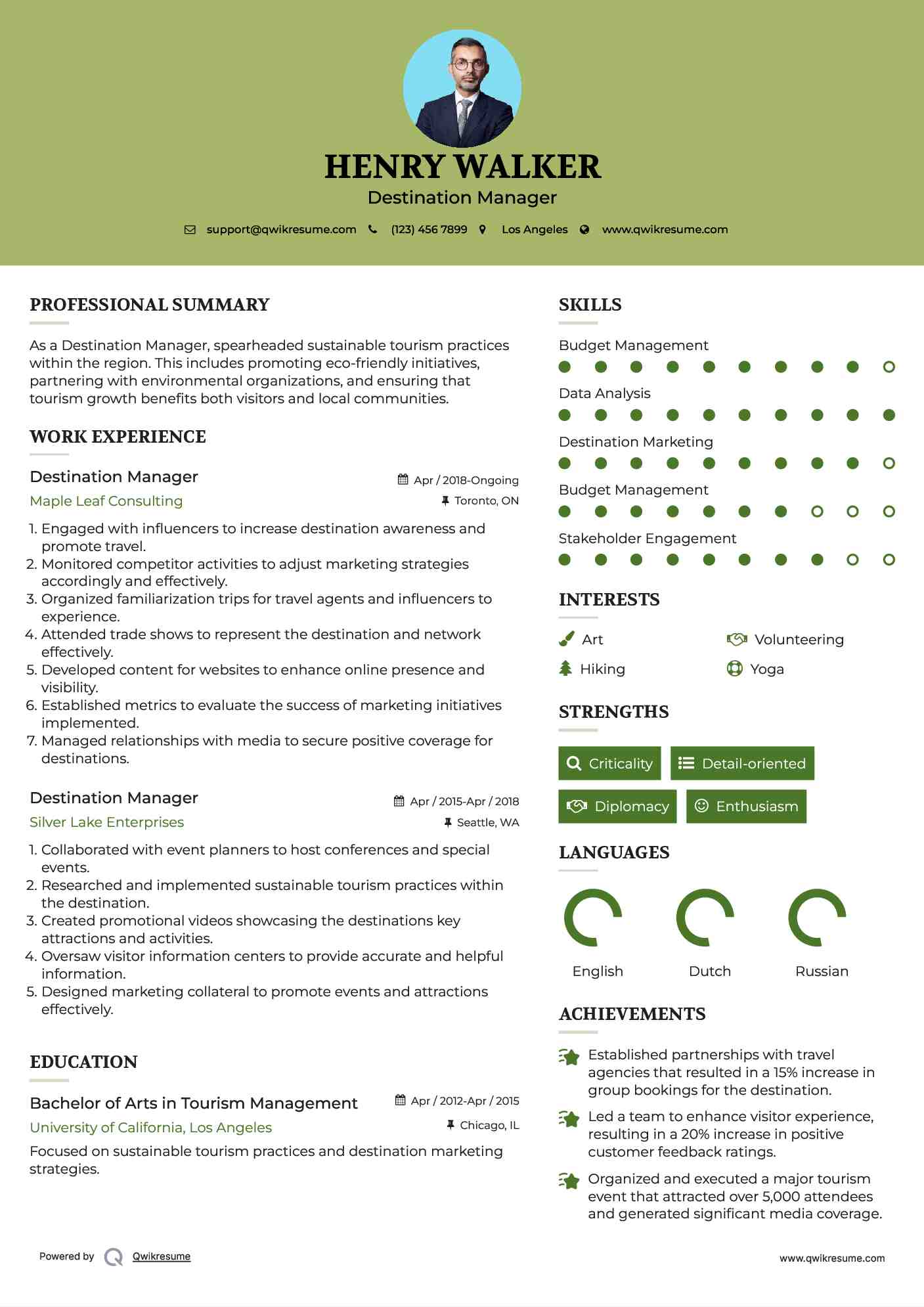 Destination Manager Resume Model