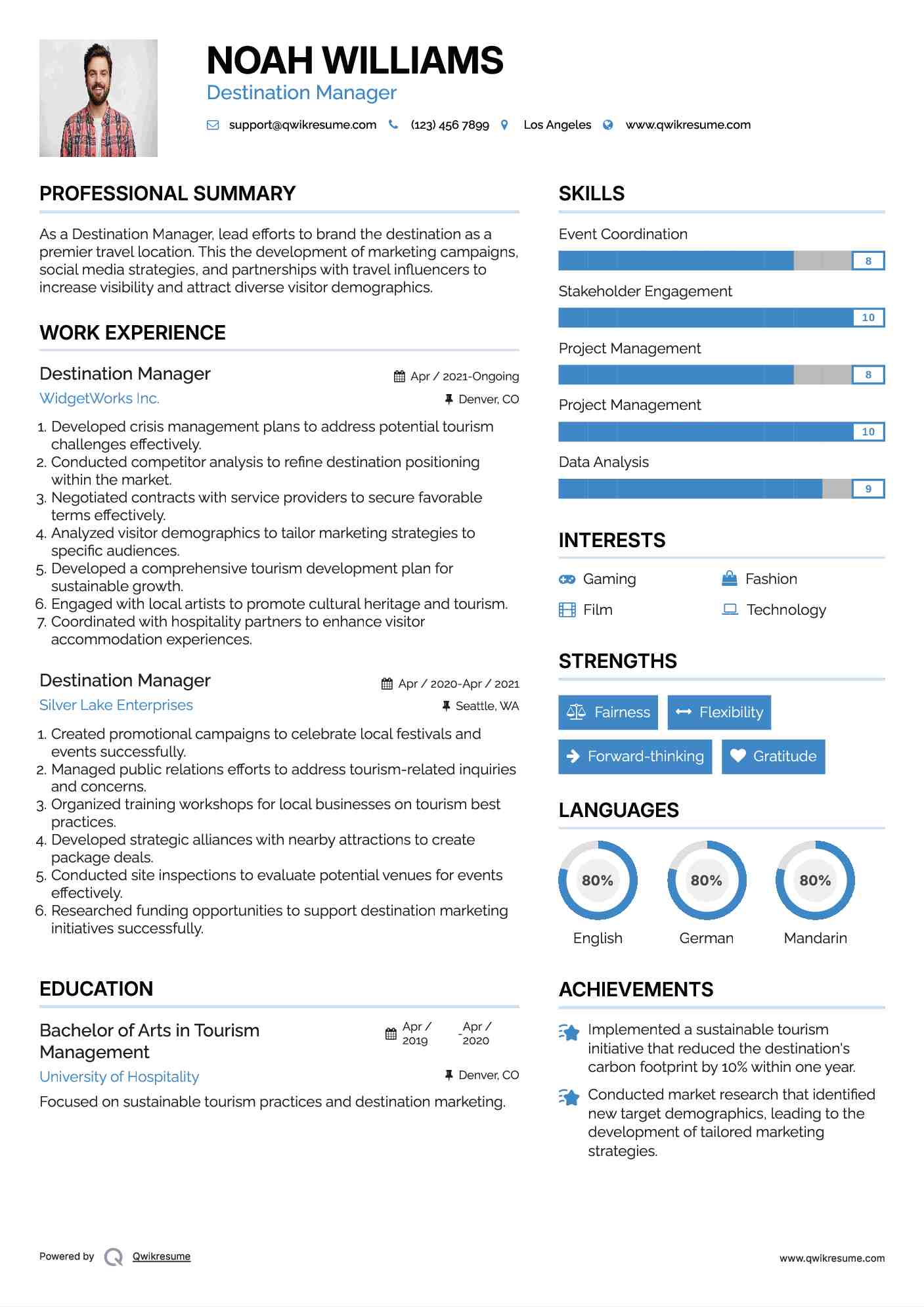 Destination Manager Resume Example