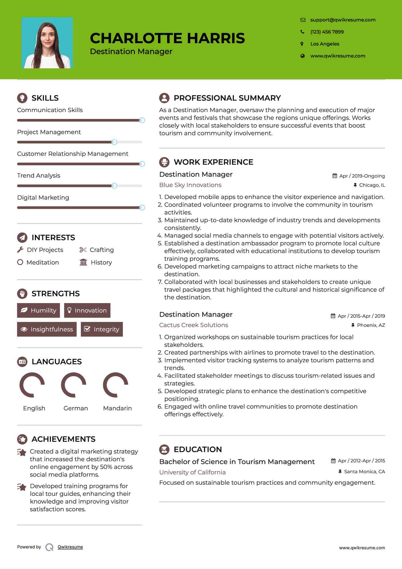 Destination Manager Resume Sample