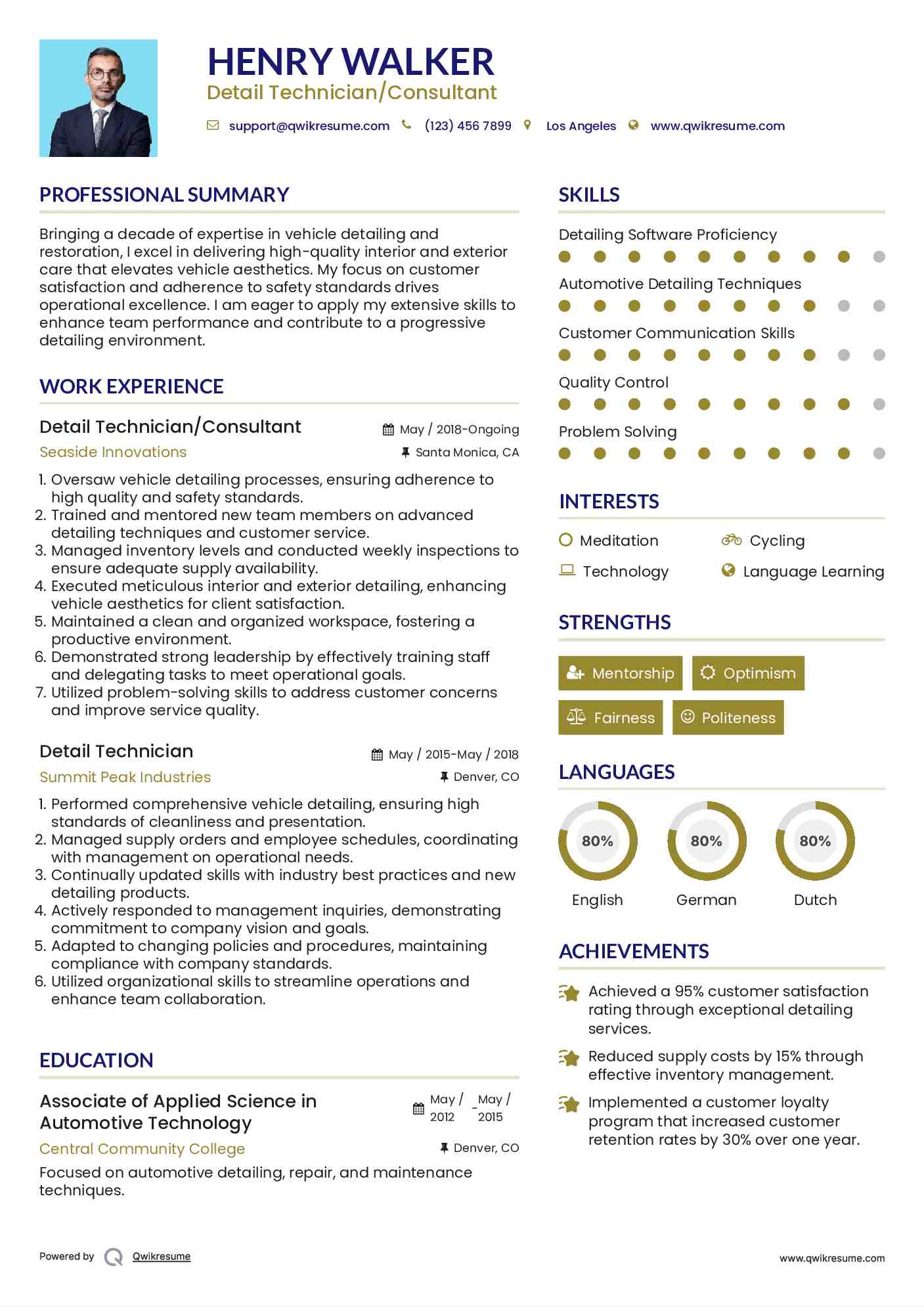 Detail Technician/Consultant Resume Model