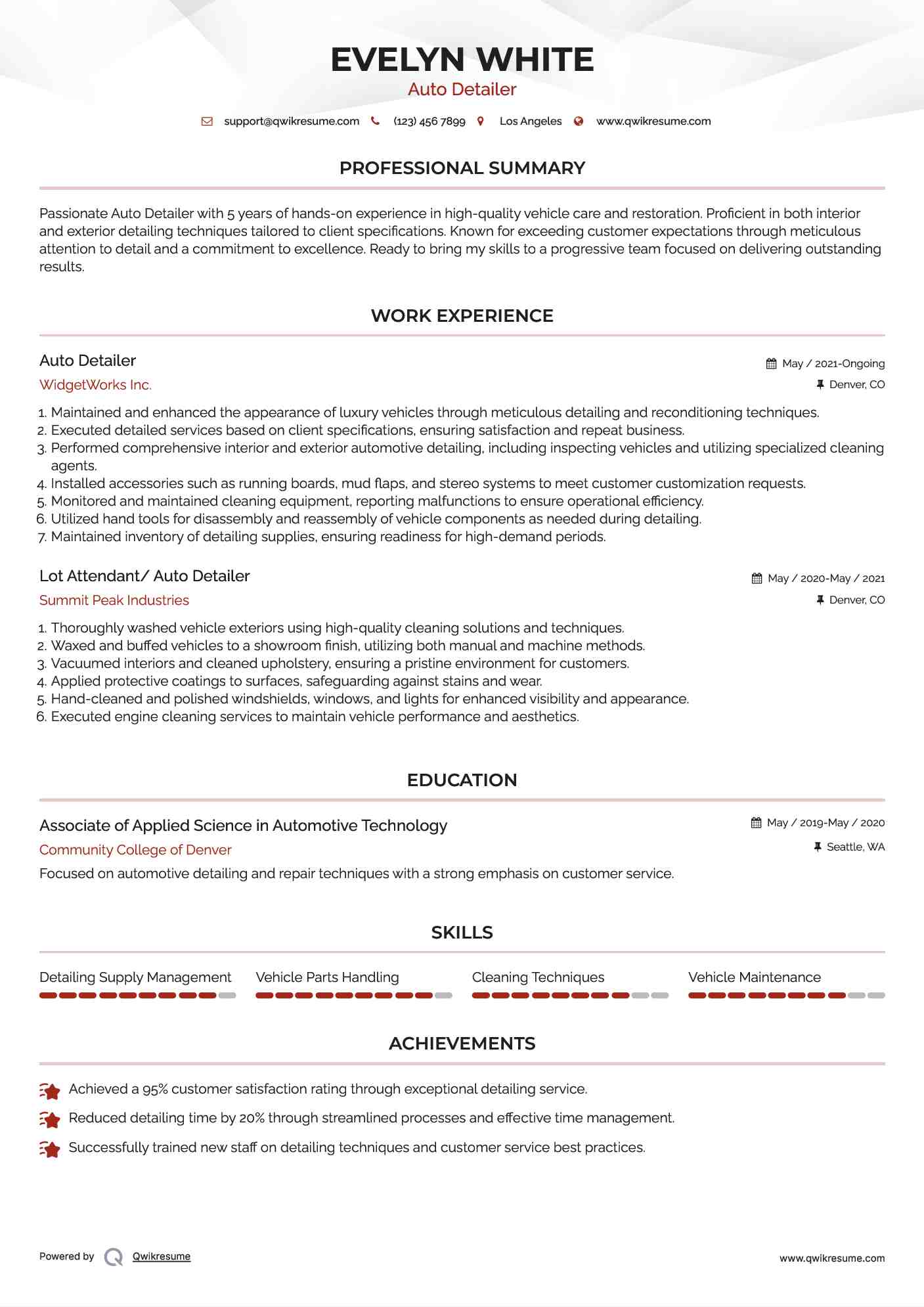 Auto Detailer Resume Template