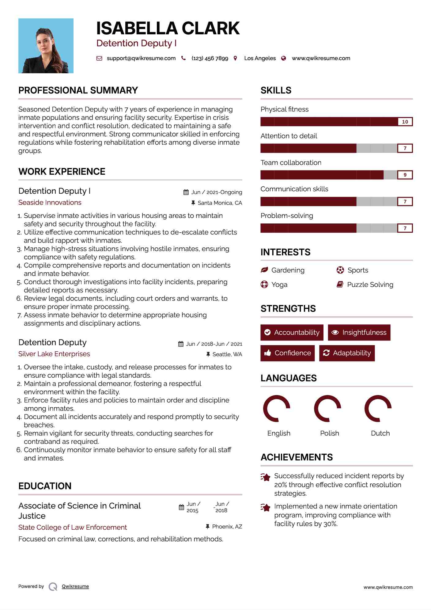 Detention Deputy I Resume Format