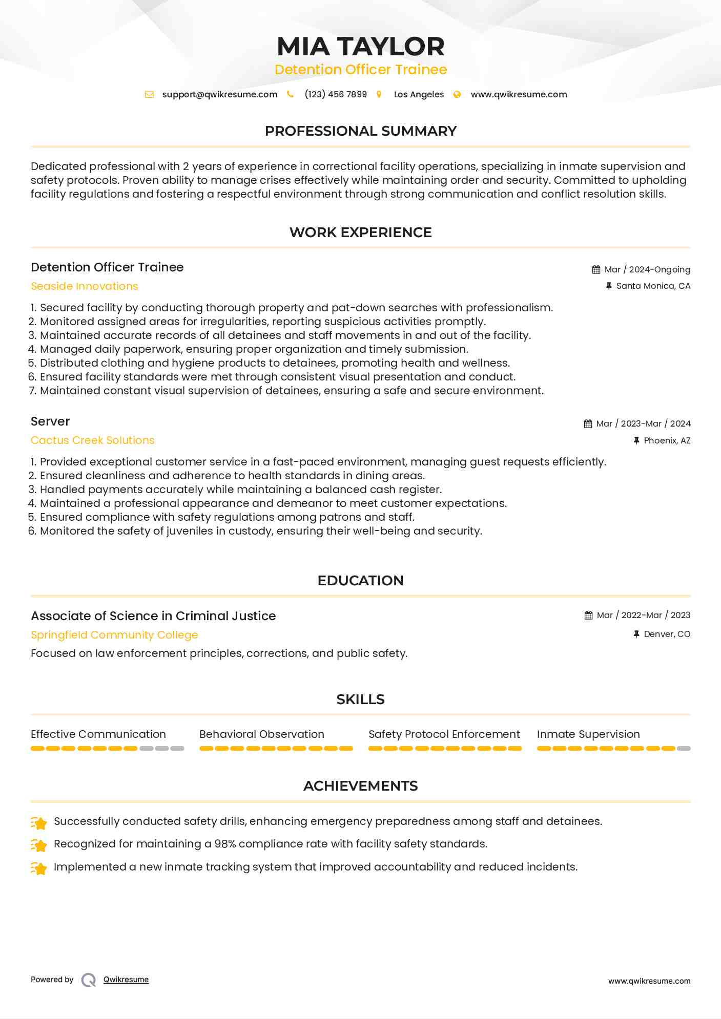 Detention Officer Trainee Resume Template