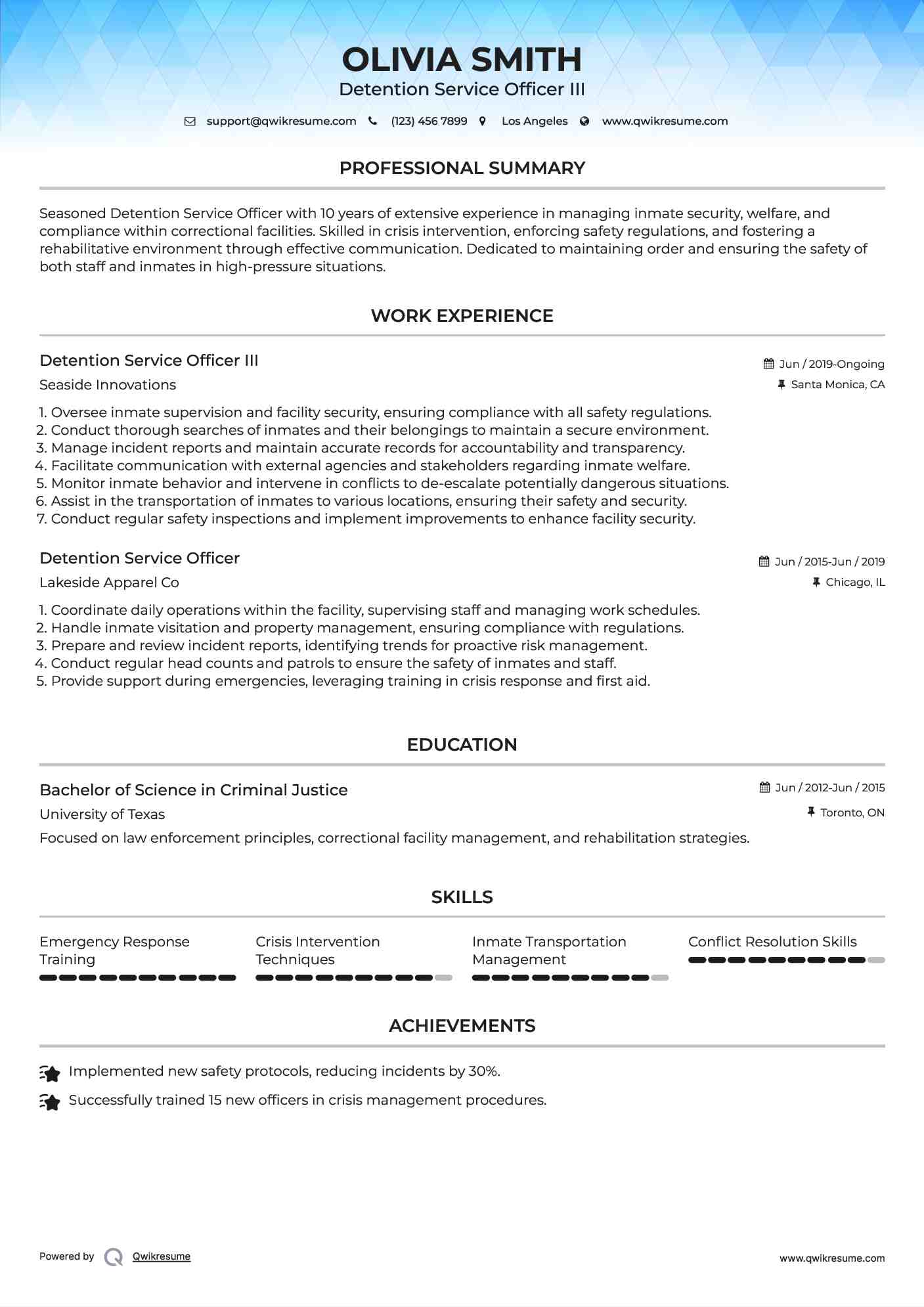 Detention Service Officer III Resume Template