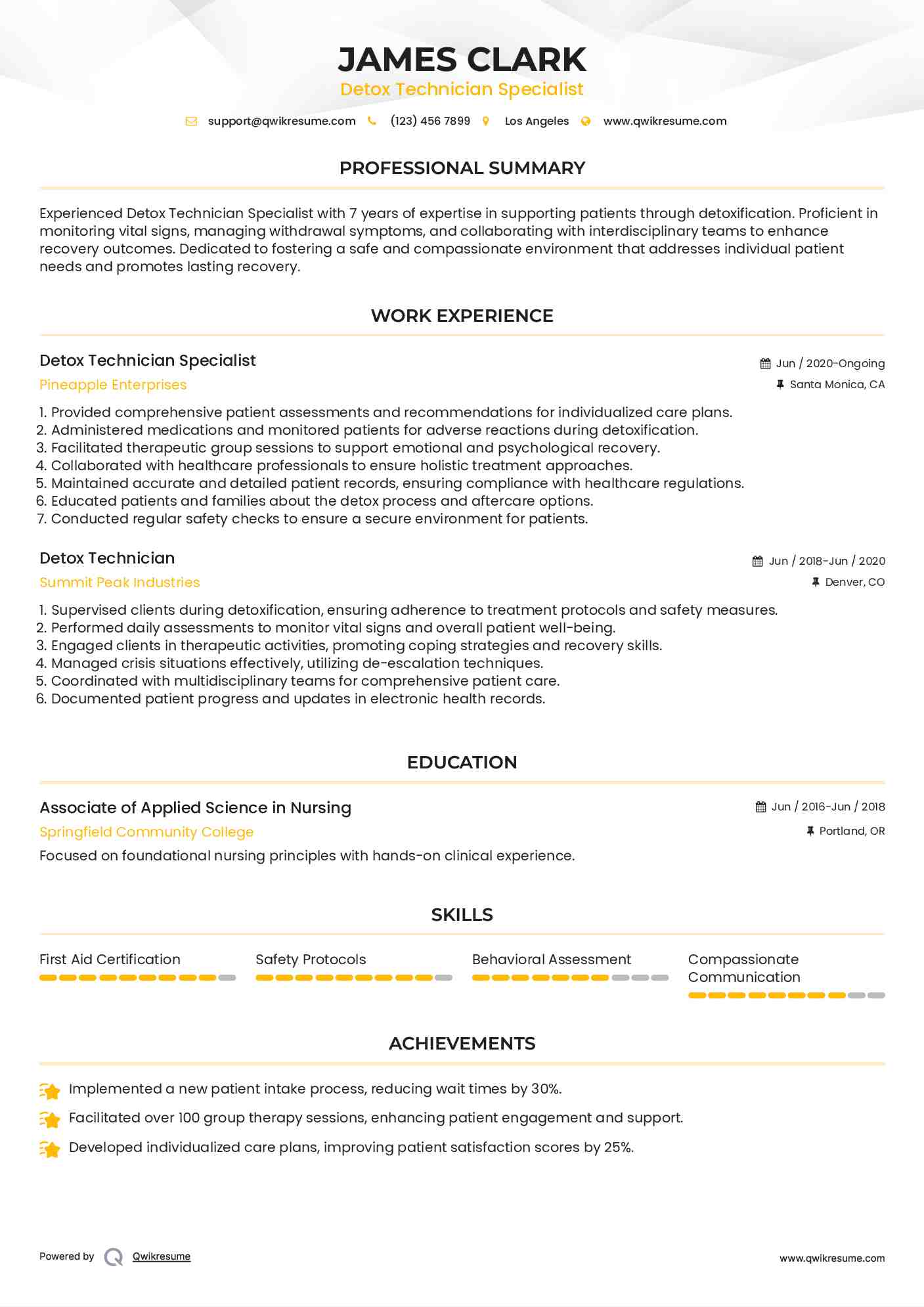 Detox Technician Specialist Resume Model