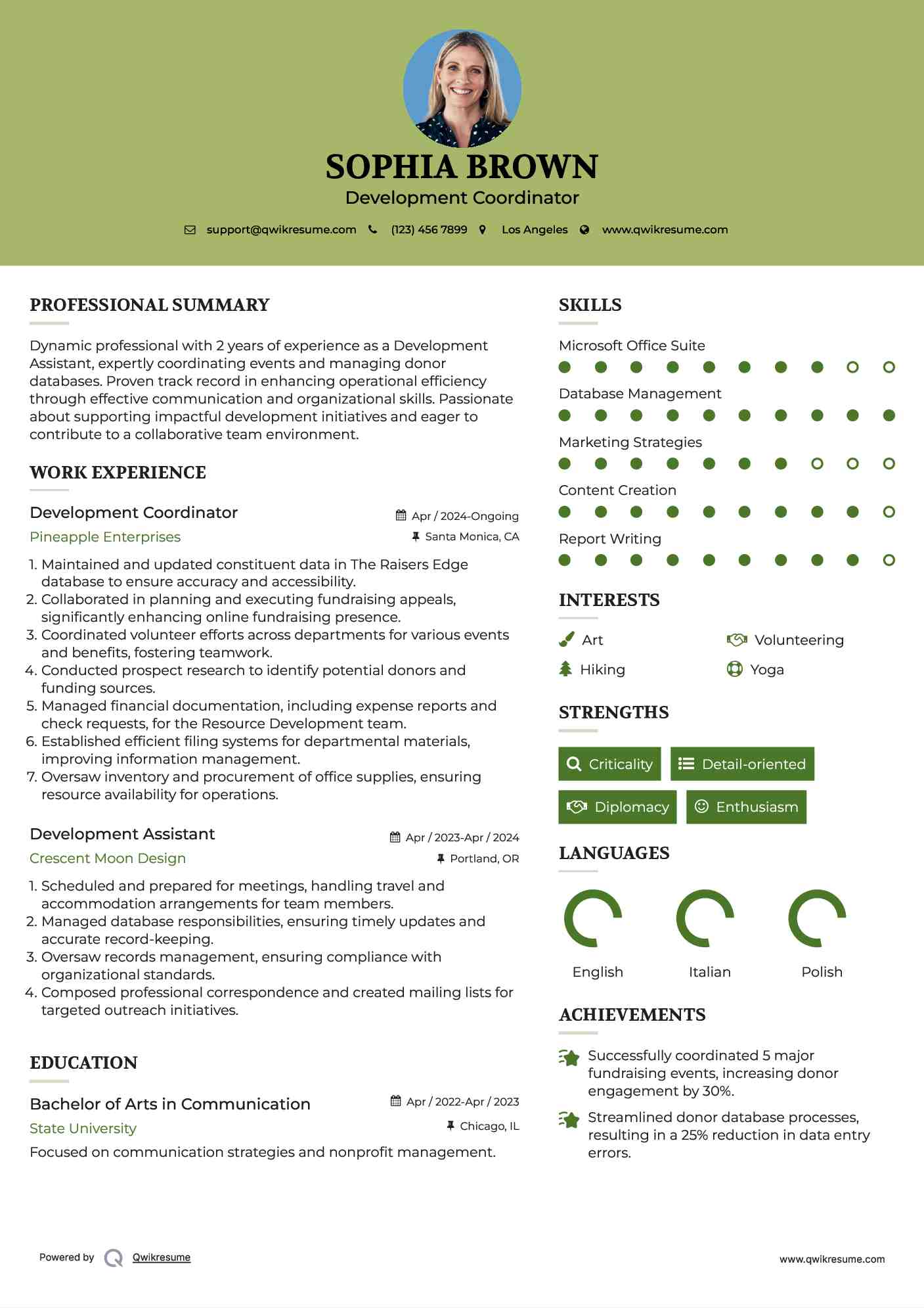 Development Coordinator Resume Format