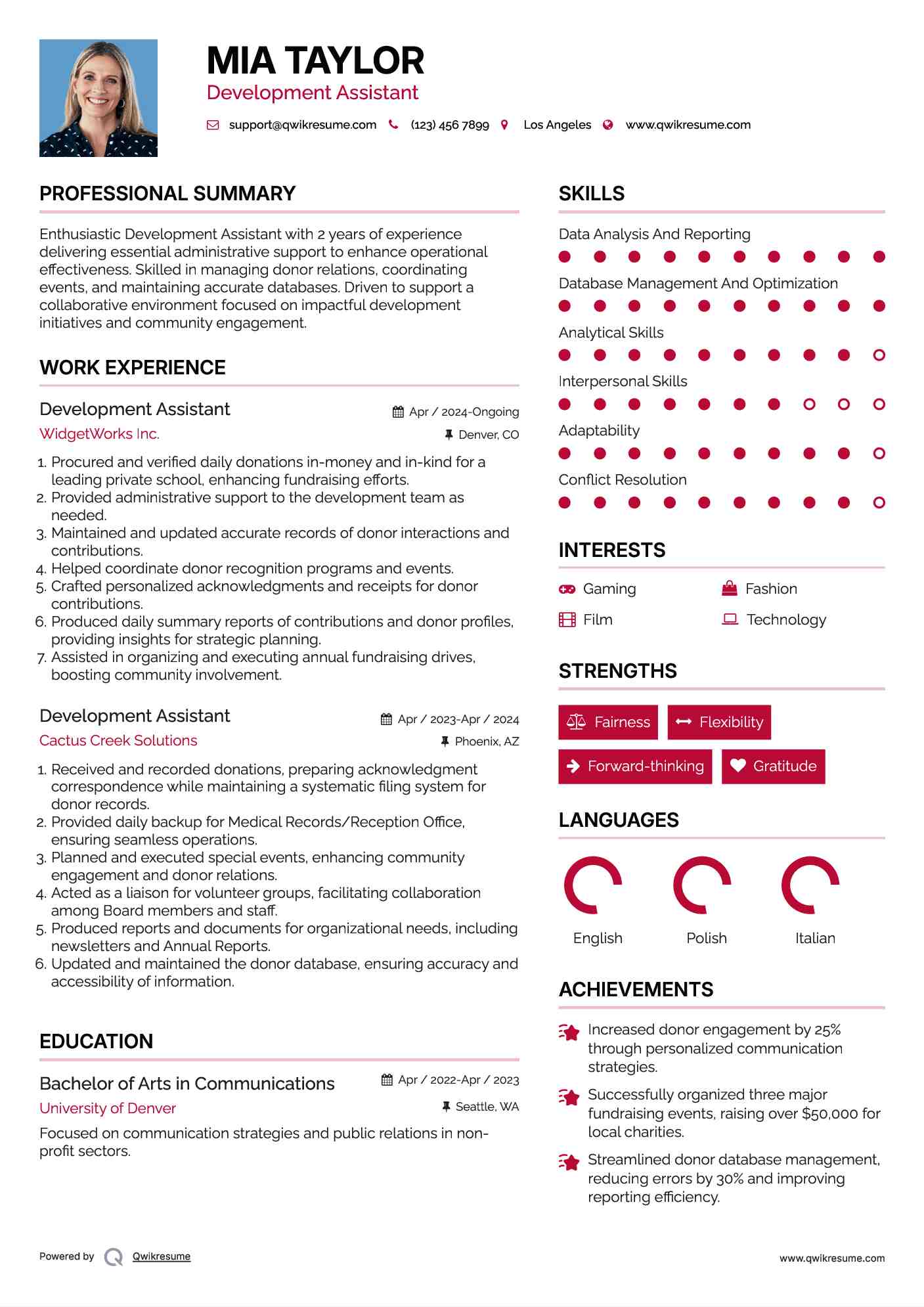 Development Assistant Resume Format