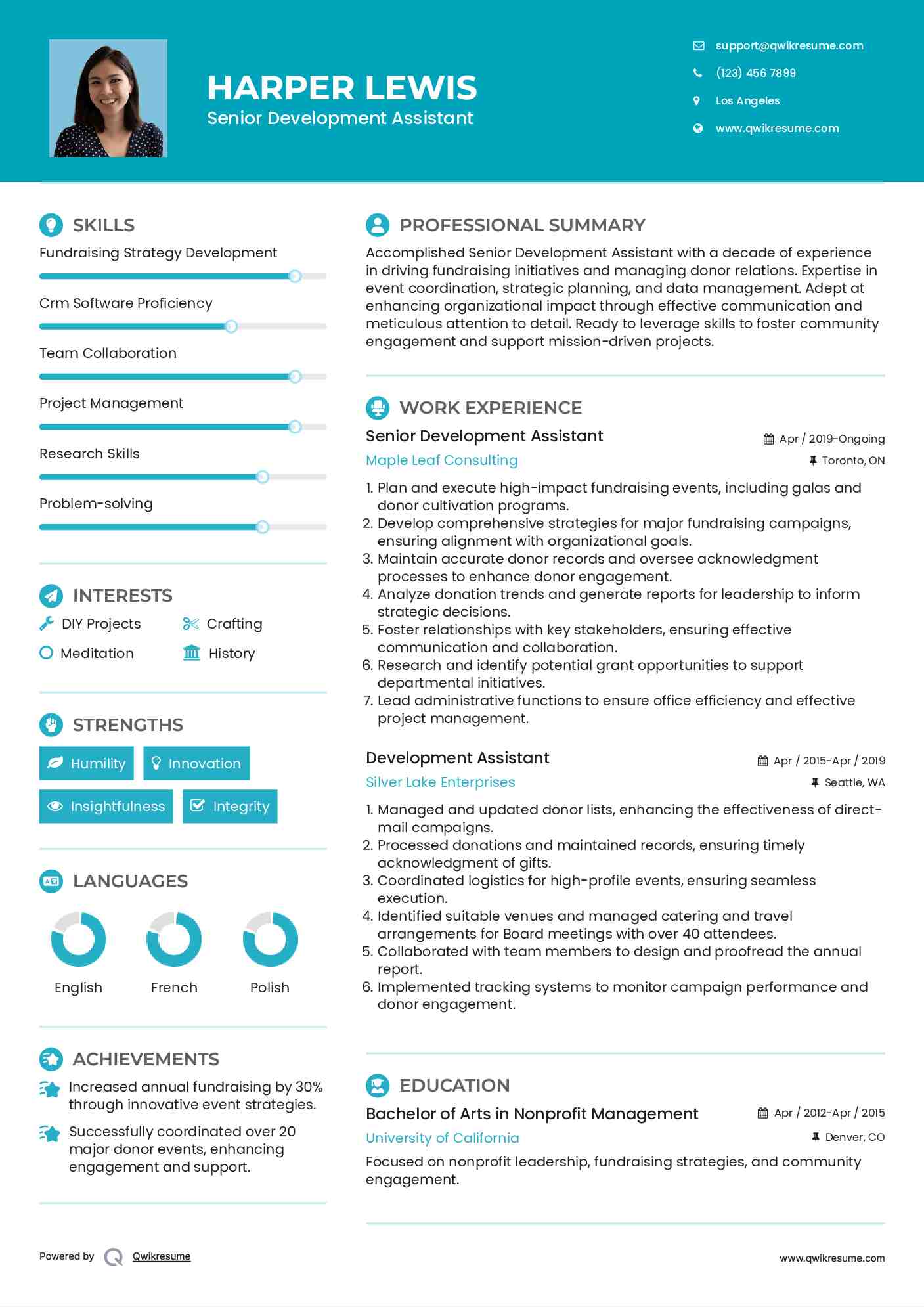 Senior Development Assistant Resume Sample