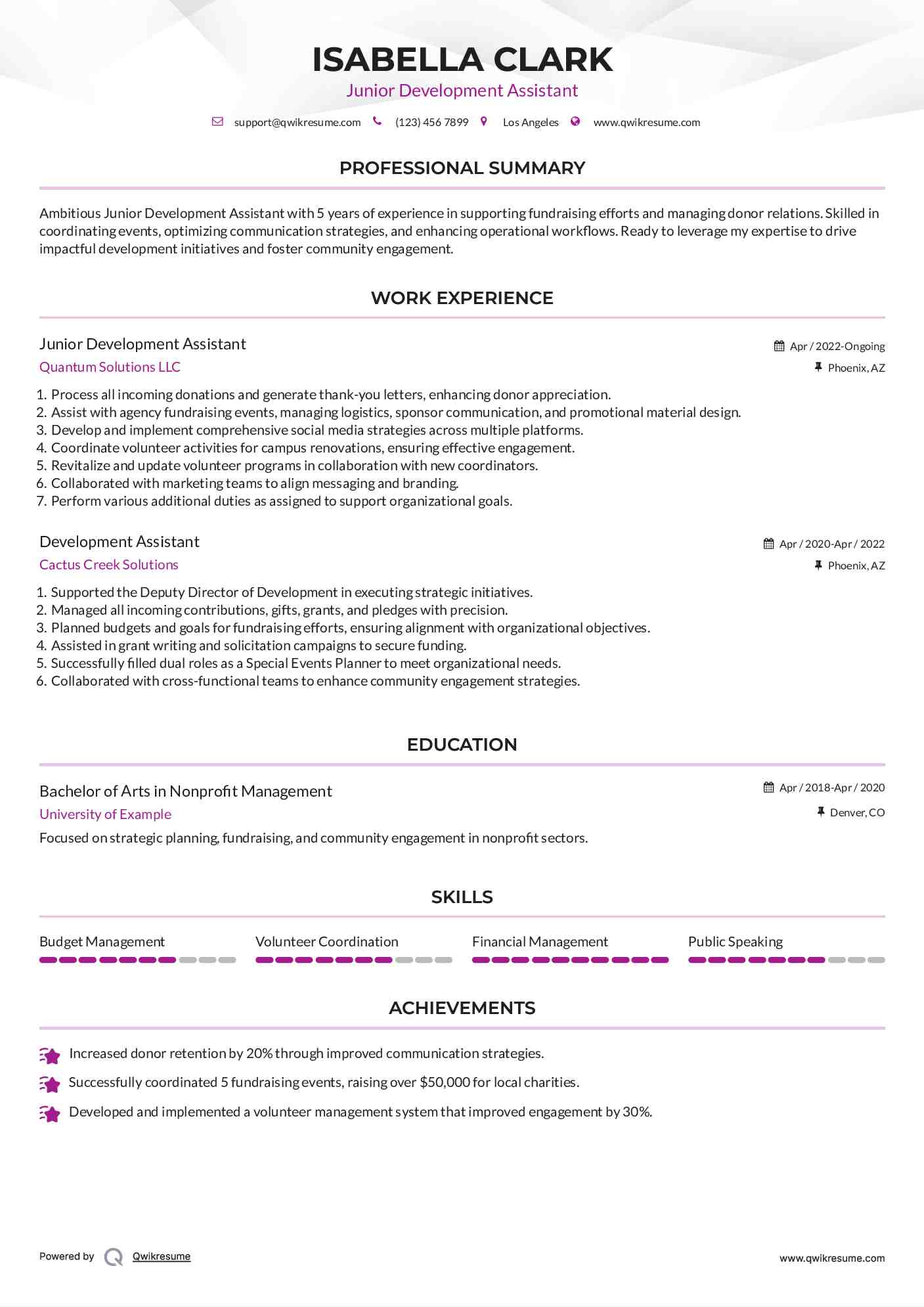 Junior Development Assistant Resume Example