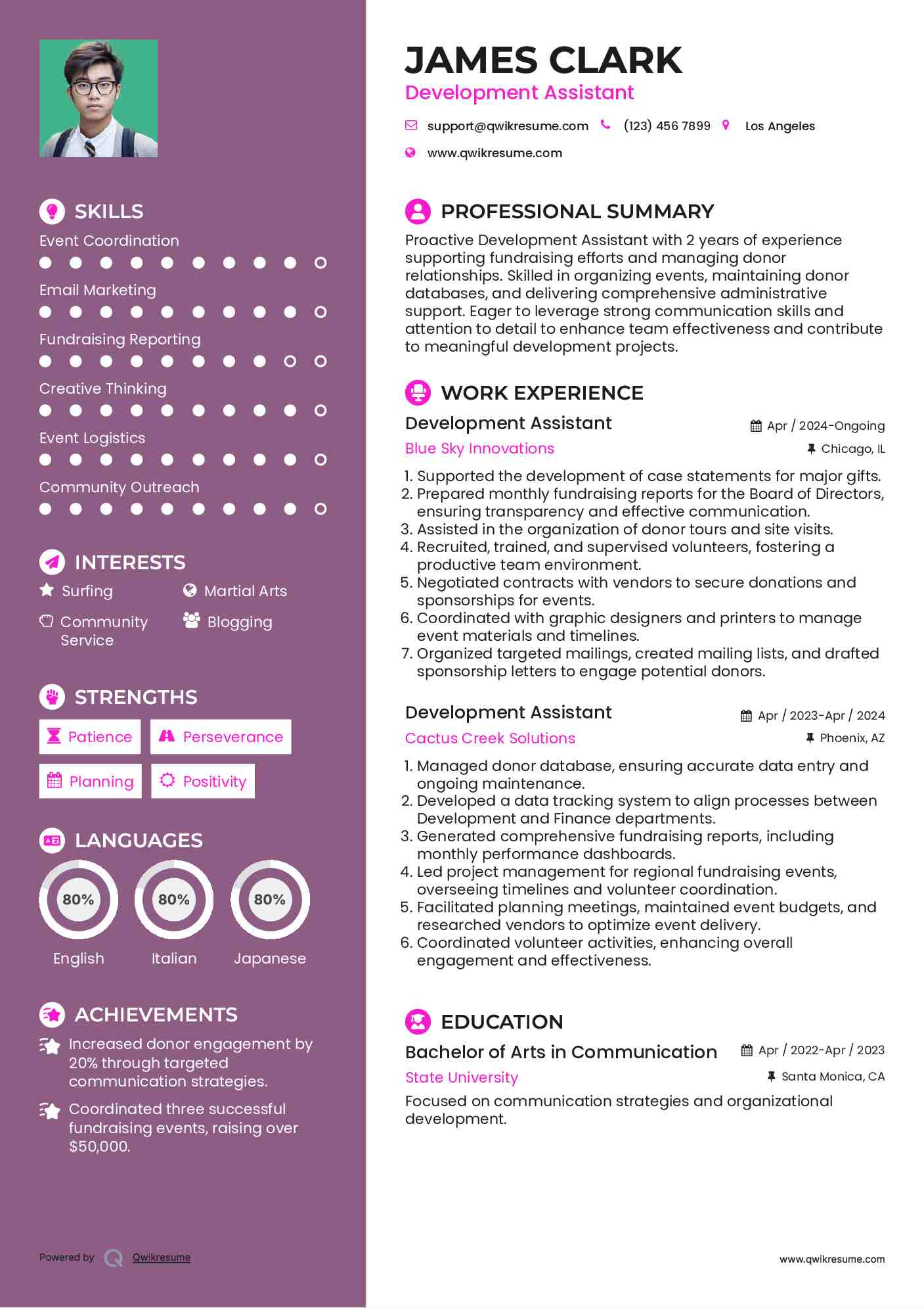 Development Assistant Resume Sample