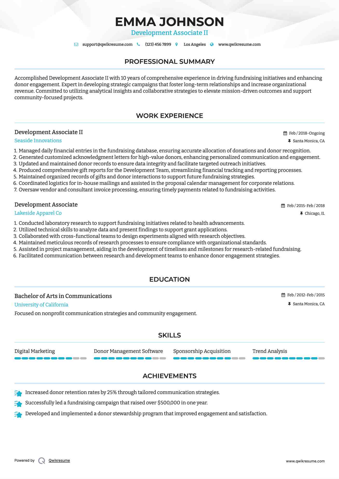 Development Associate II Resume Template