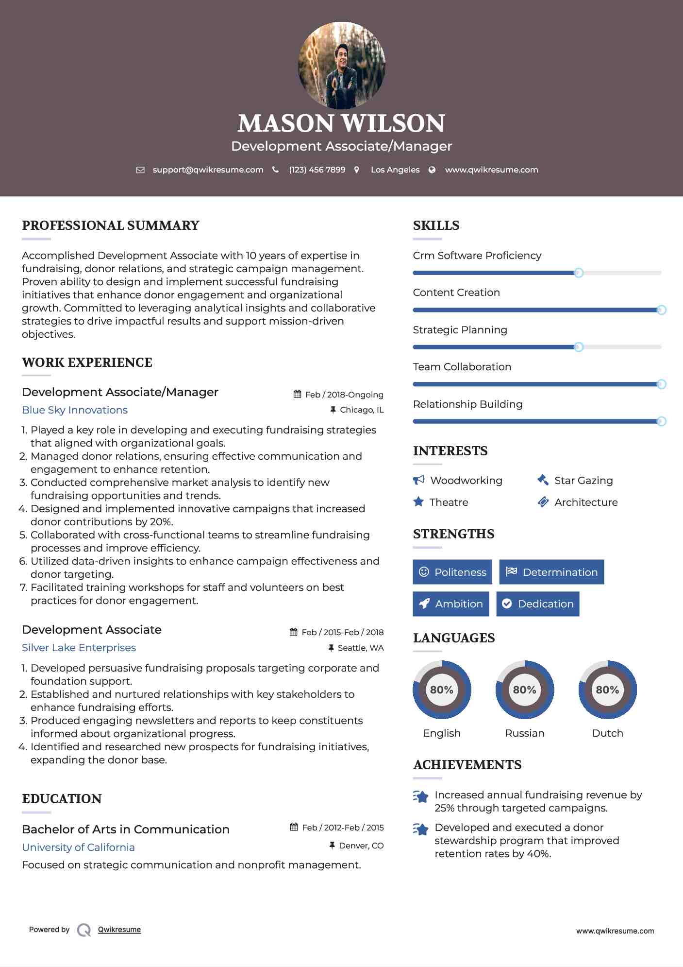 Development Associate/Manager Resume Sample