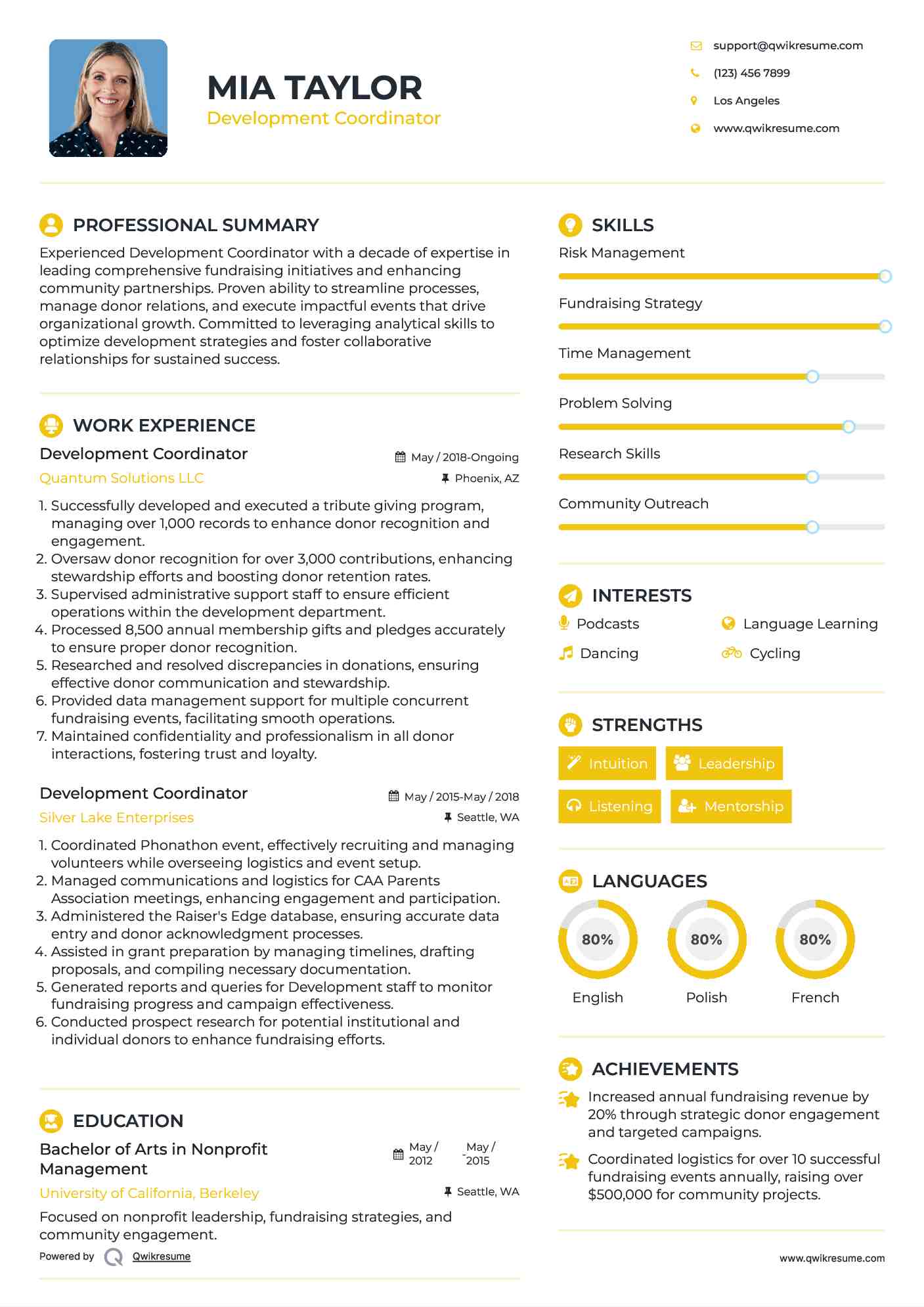 Development Coordinator Resume Sample