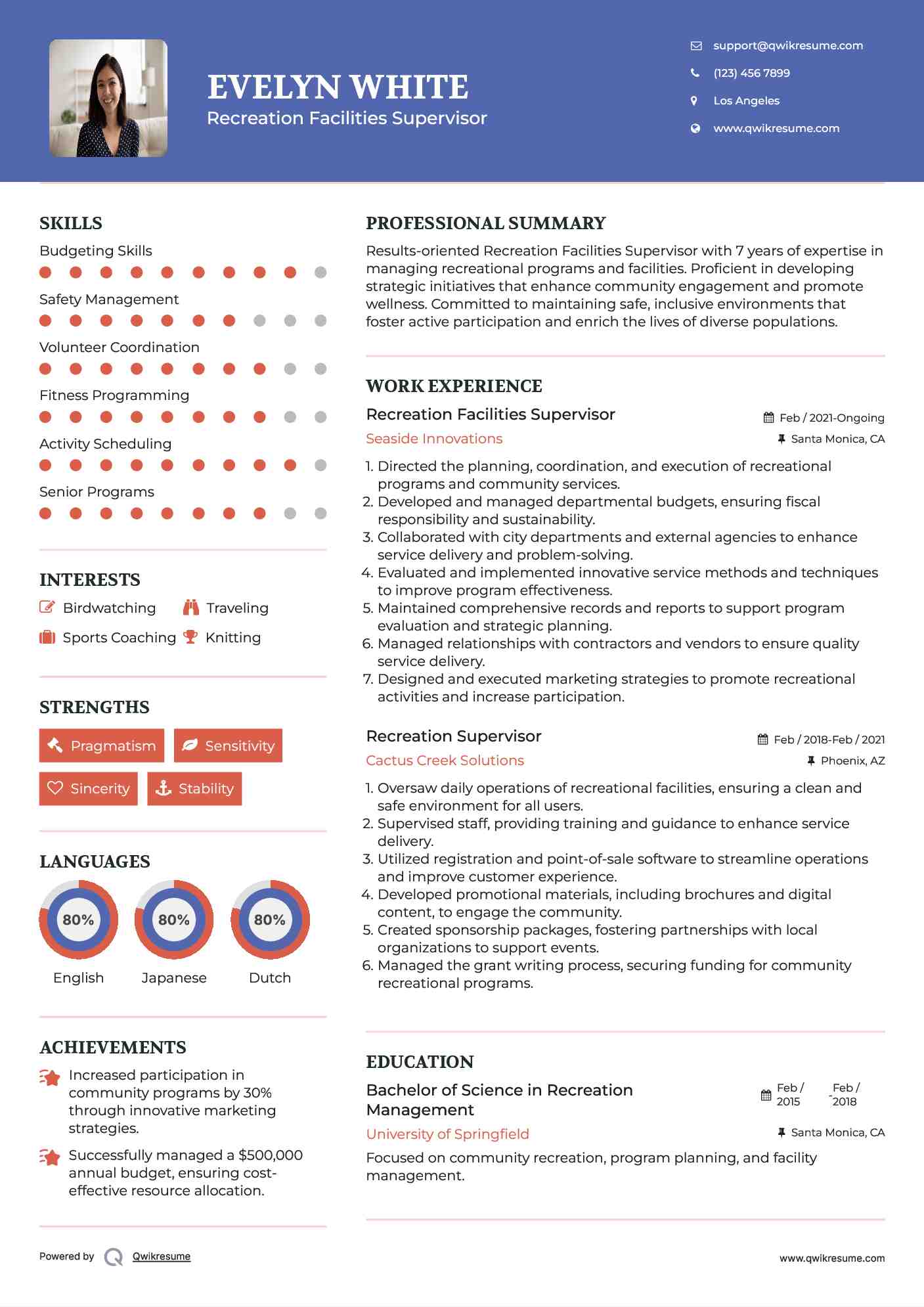 Recreation Facilities Supervisor Resume Sample