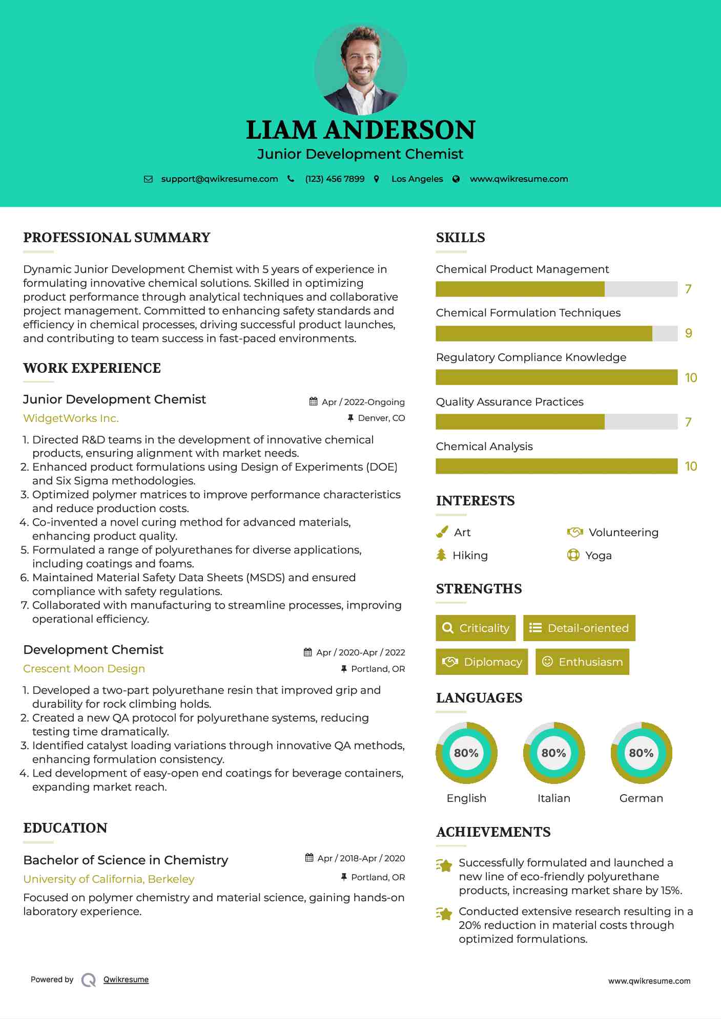 Junior Development Chemist Resume Model