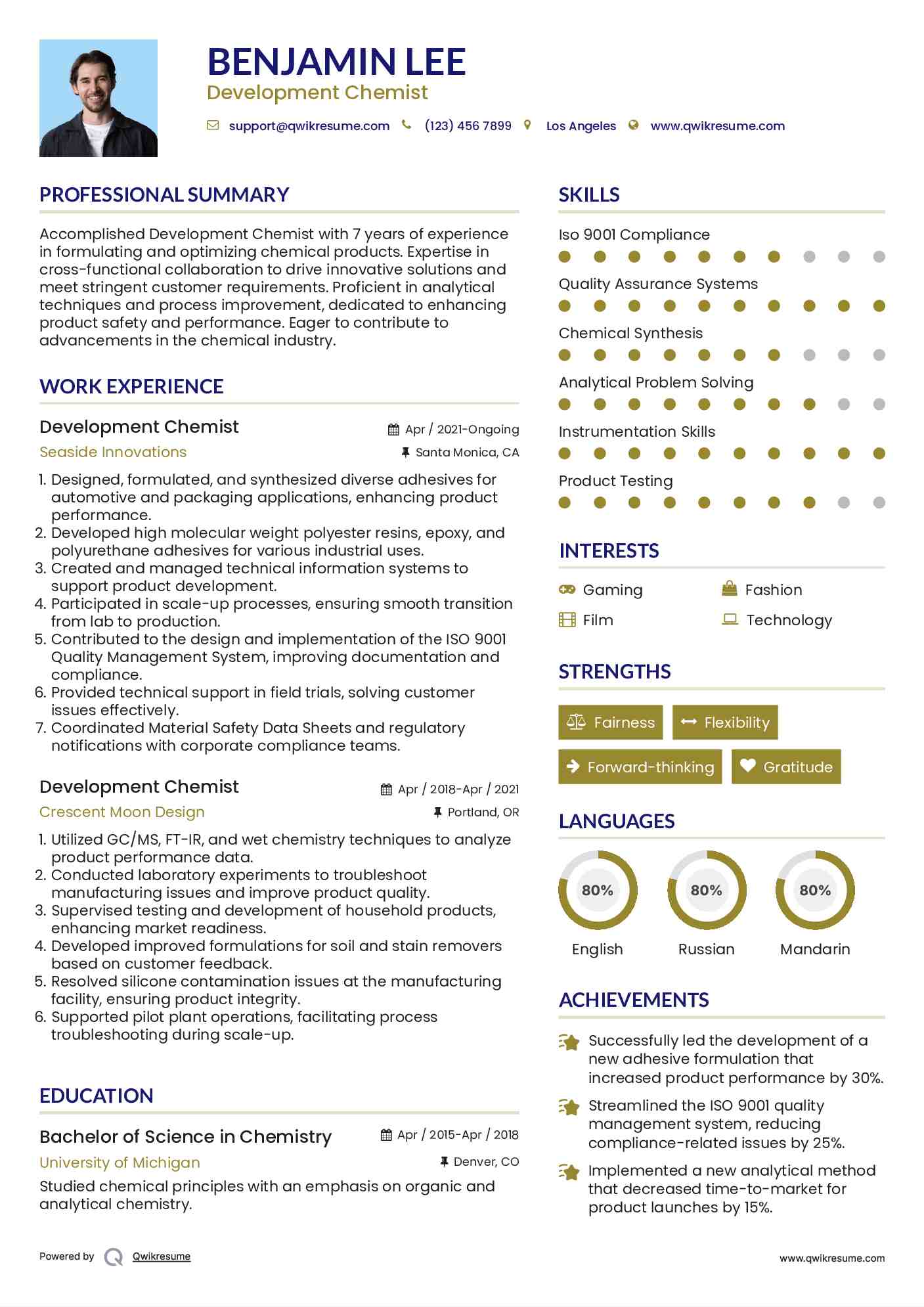 Development Chemist Resume Sample