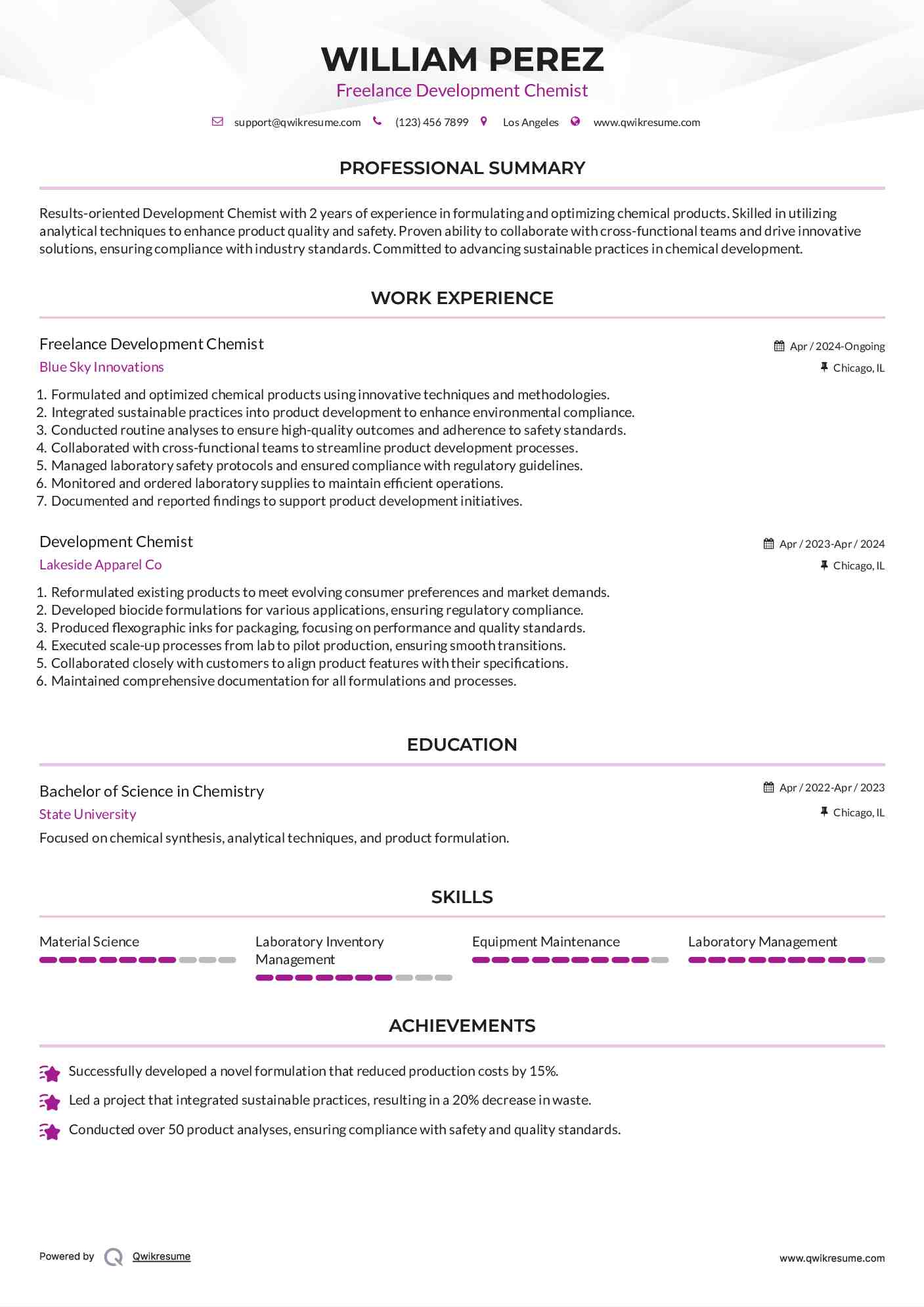 Freelance Development Chemist Resume Format