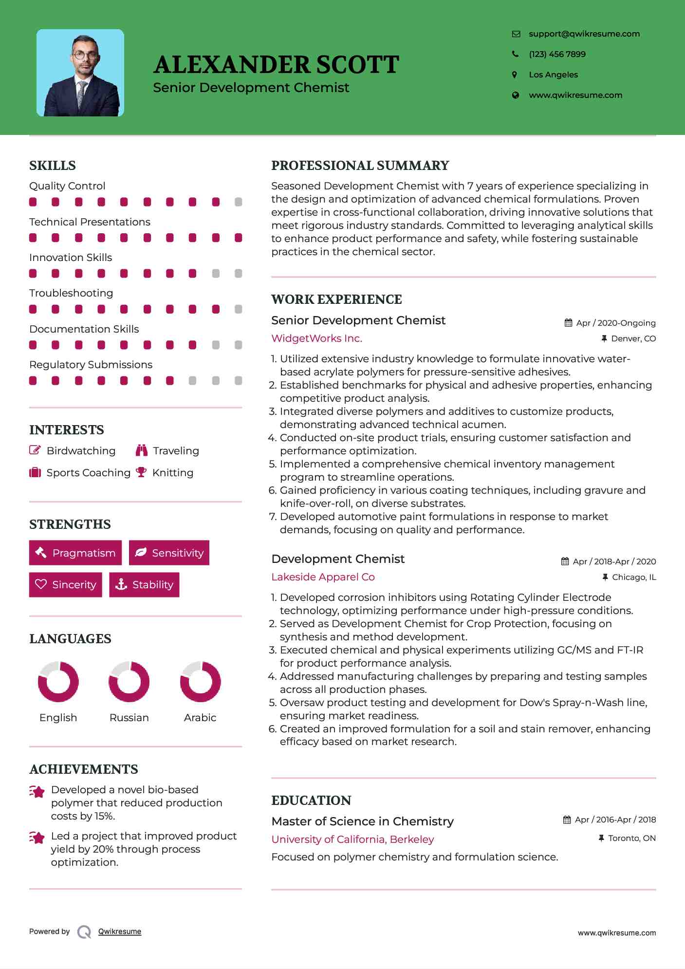 Senior Development Chemist Resume Model