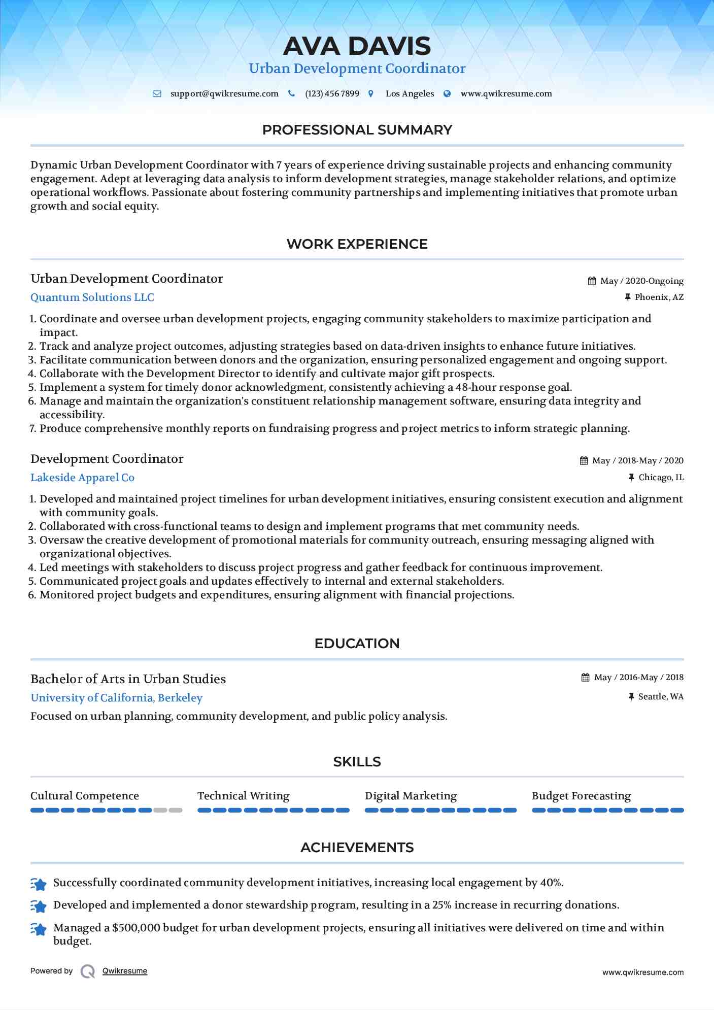Urban Development Coordinator Resume Example