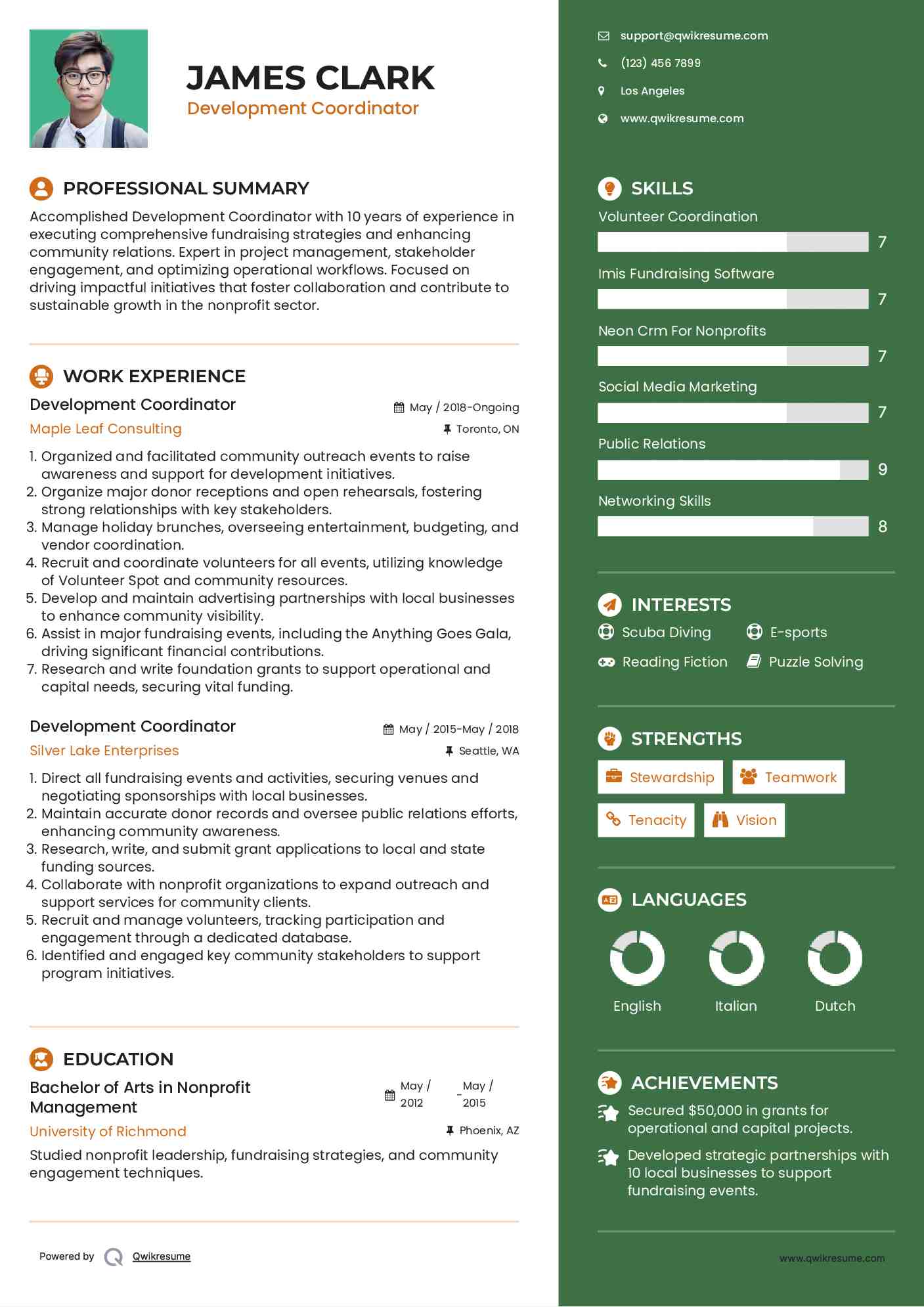 Development Coordinator Resume Sample