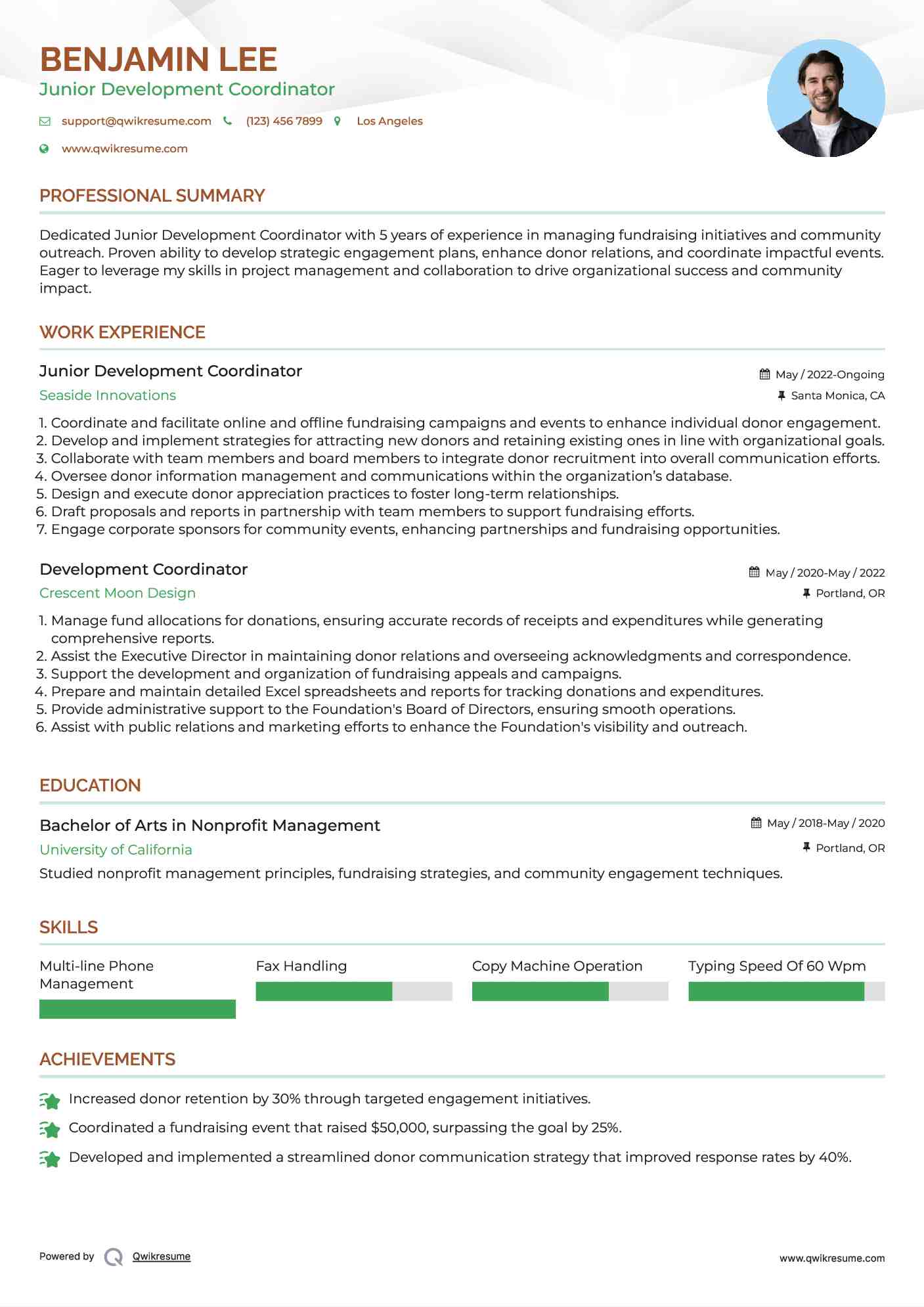 Junior Development Coordinator Resume Sample