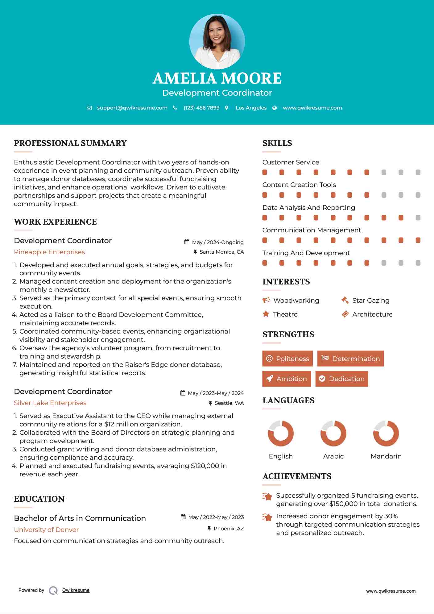 Development Coordinator Resume Example