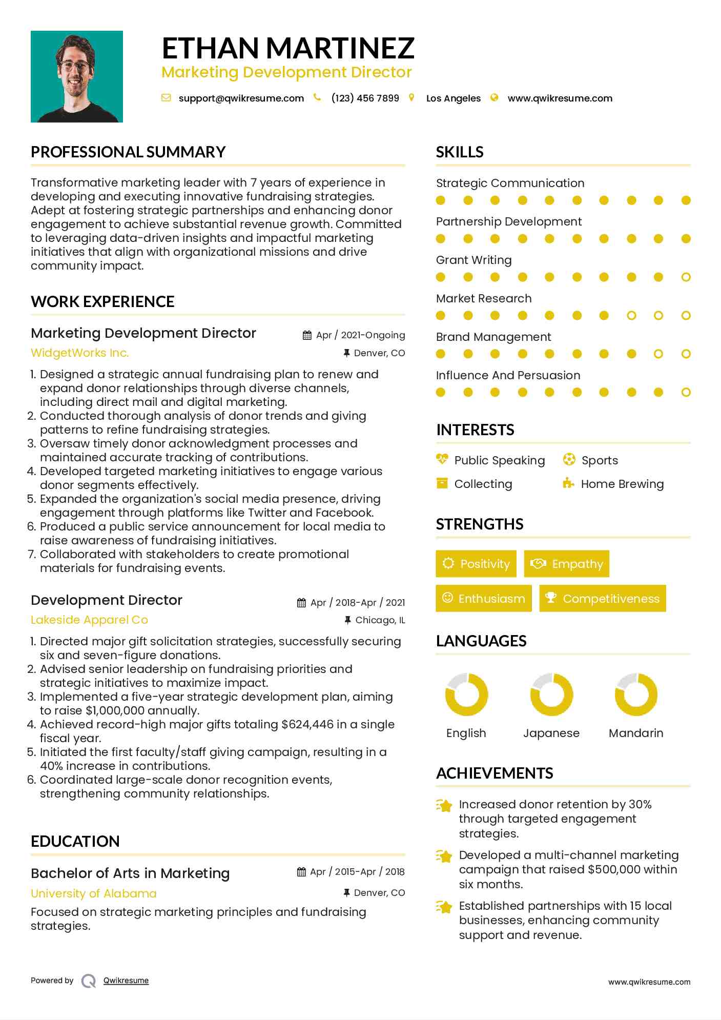 Marketing Development Director Resume Sample