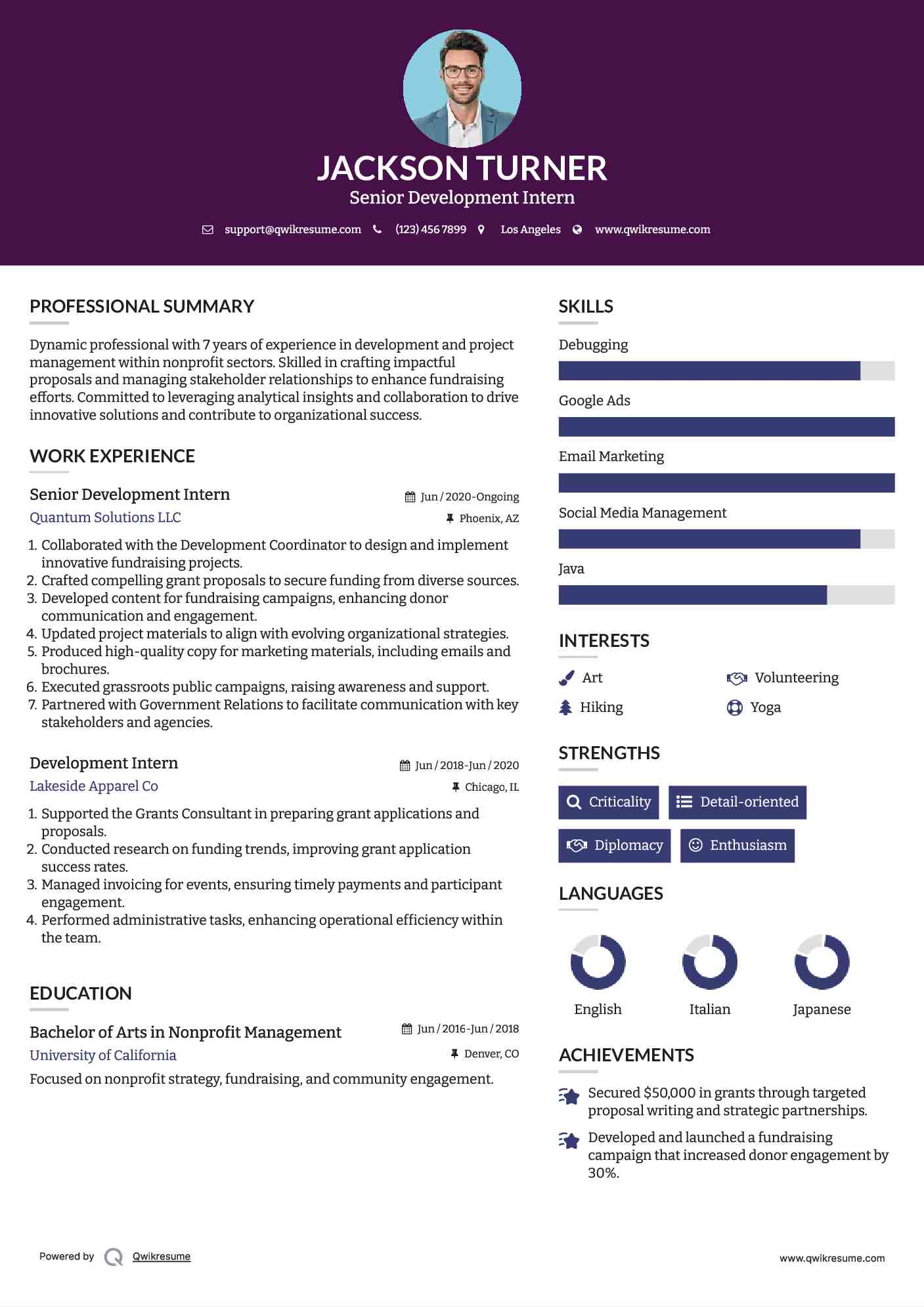 Senior Development Intern Resume Format