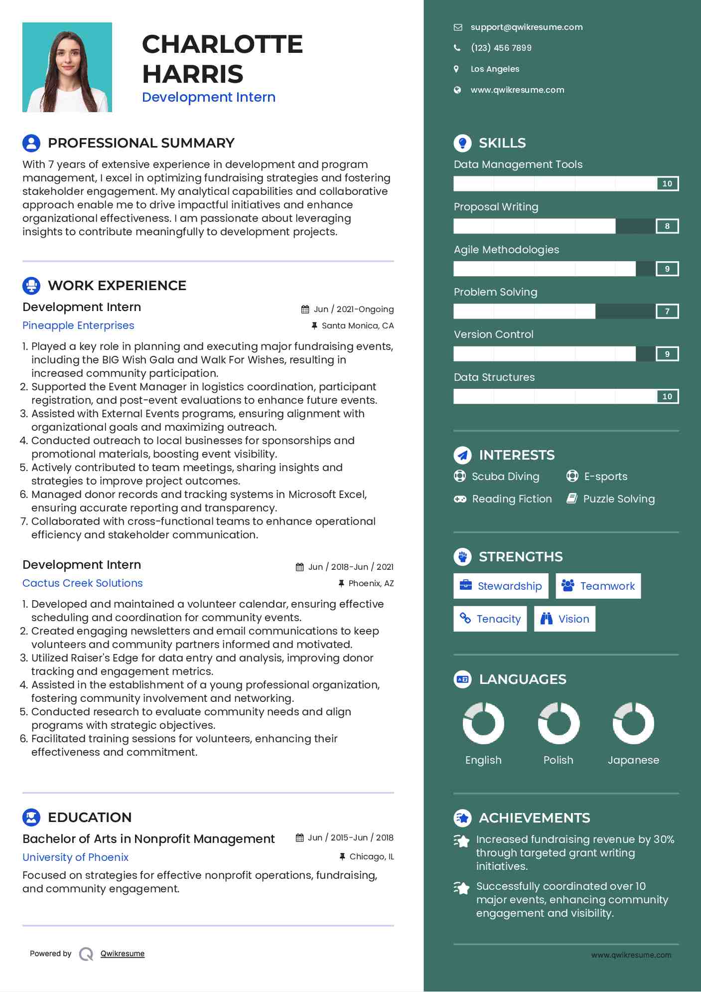 Development Intern Resume Sample