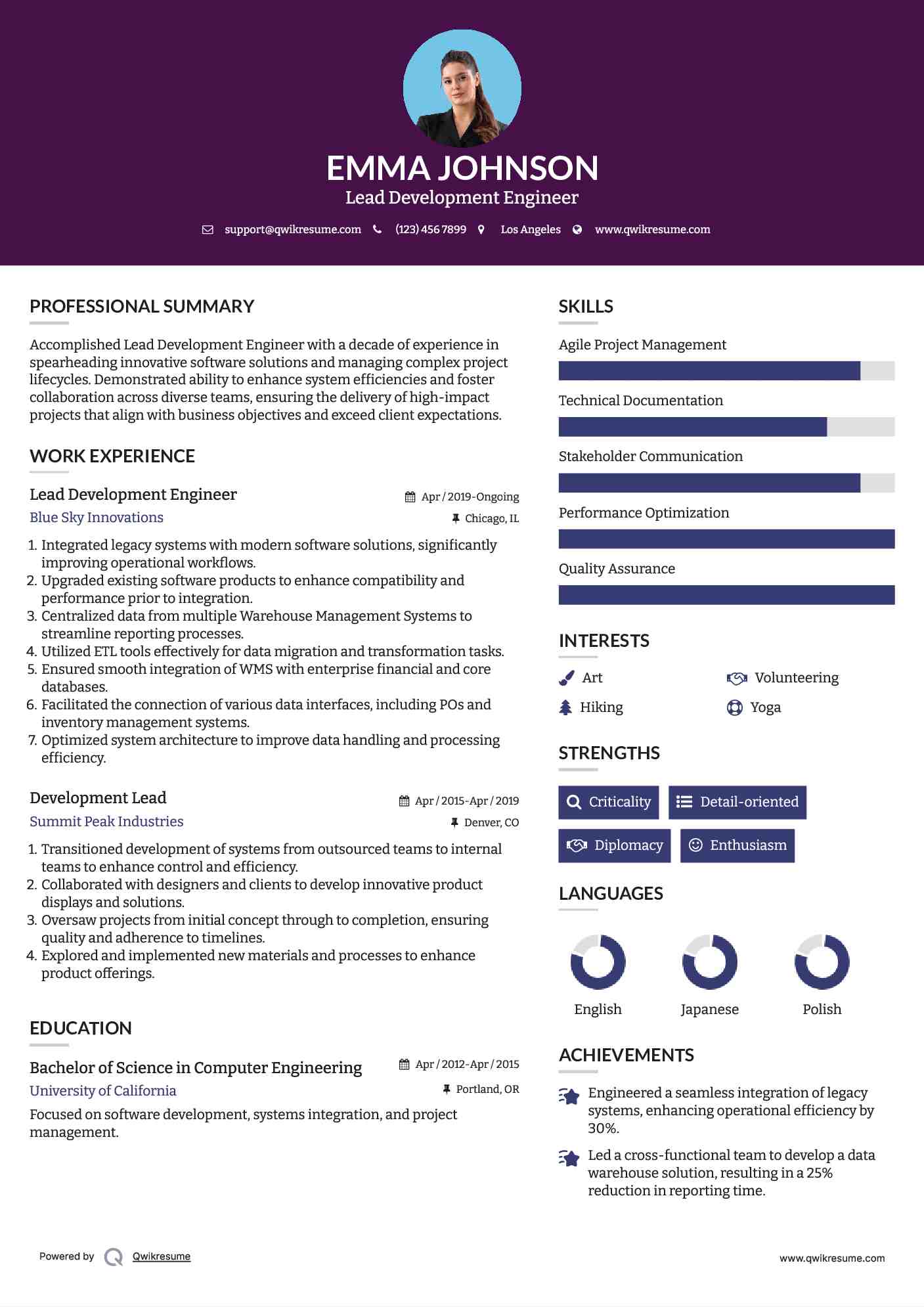 Lead Development Engineer Resume Format