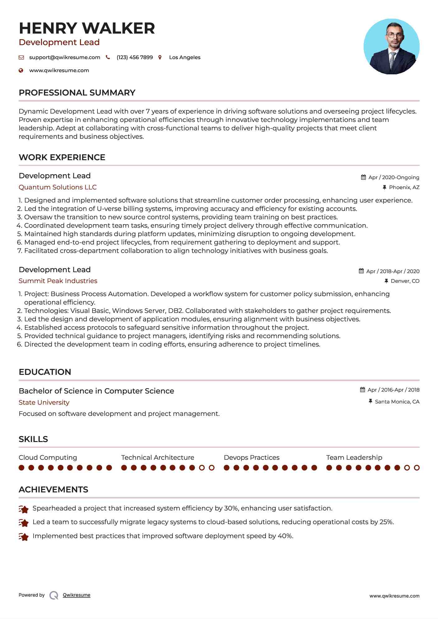 Development Lead Resume Sample