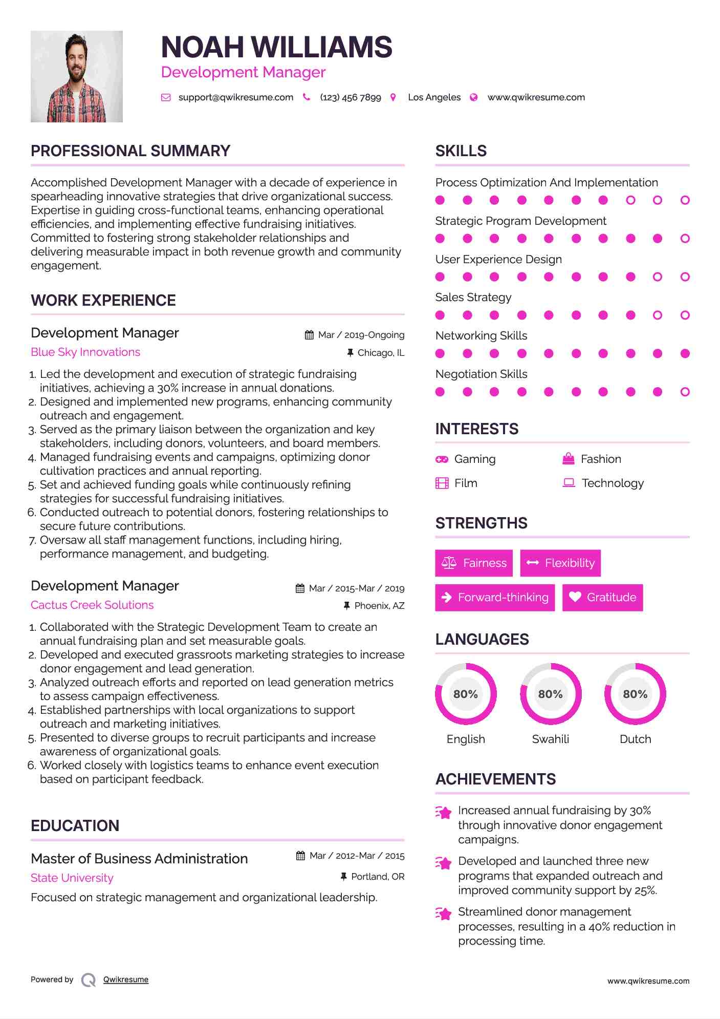 Development Manager Resume Example