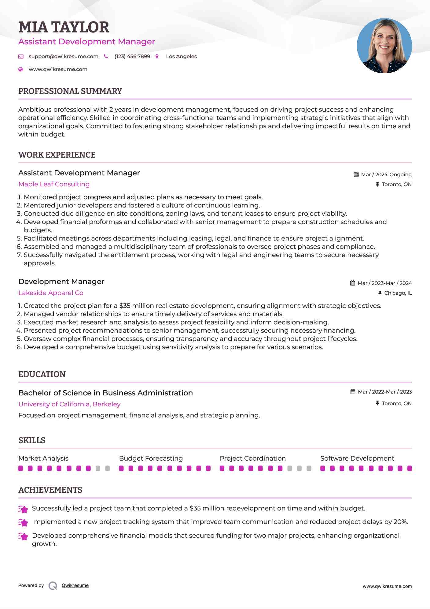 Assistant Development Manager  Resume Example