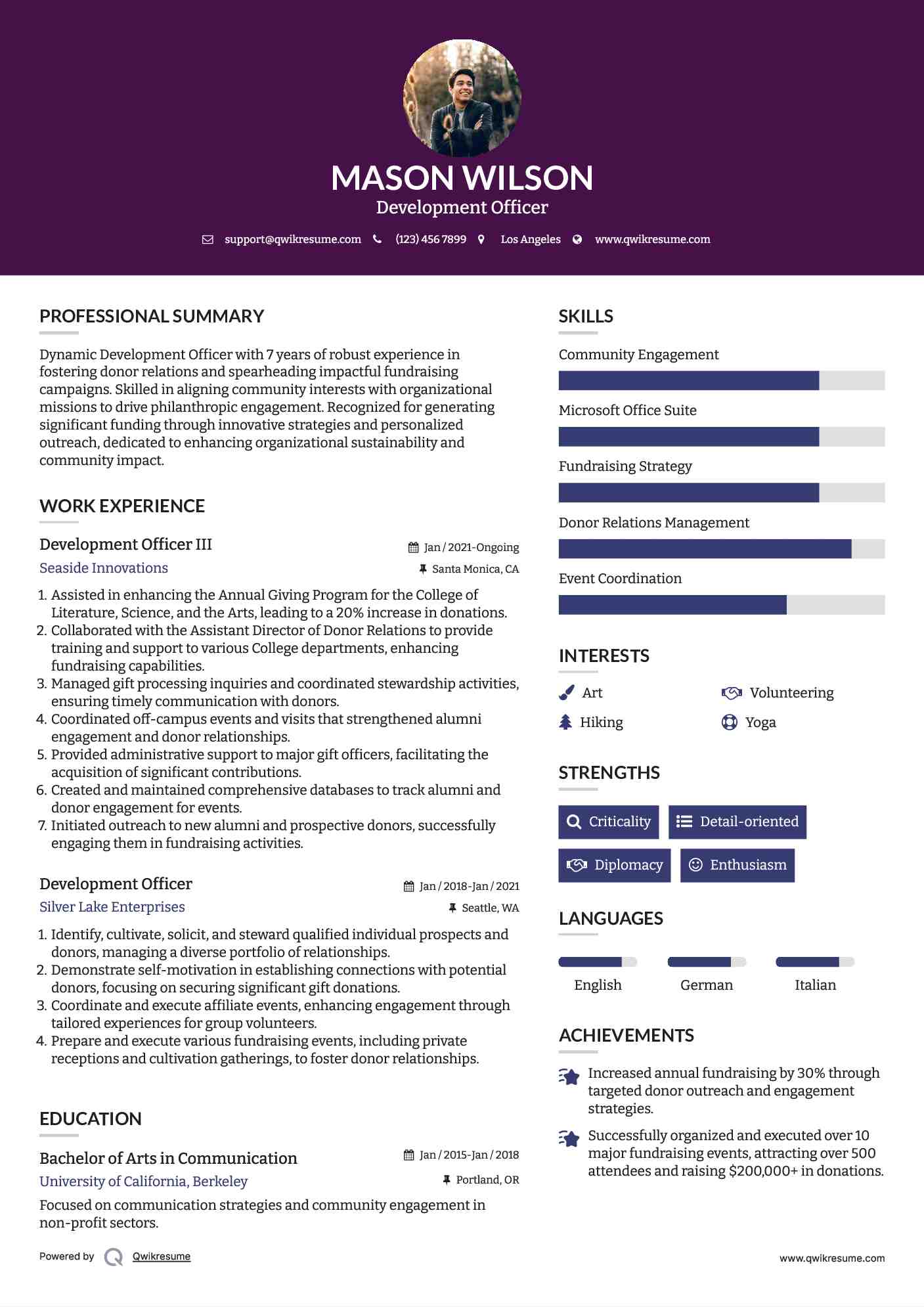 Development Officer III Resume Sample