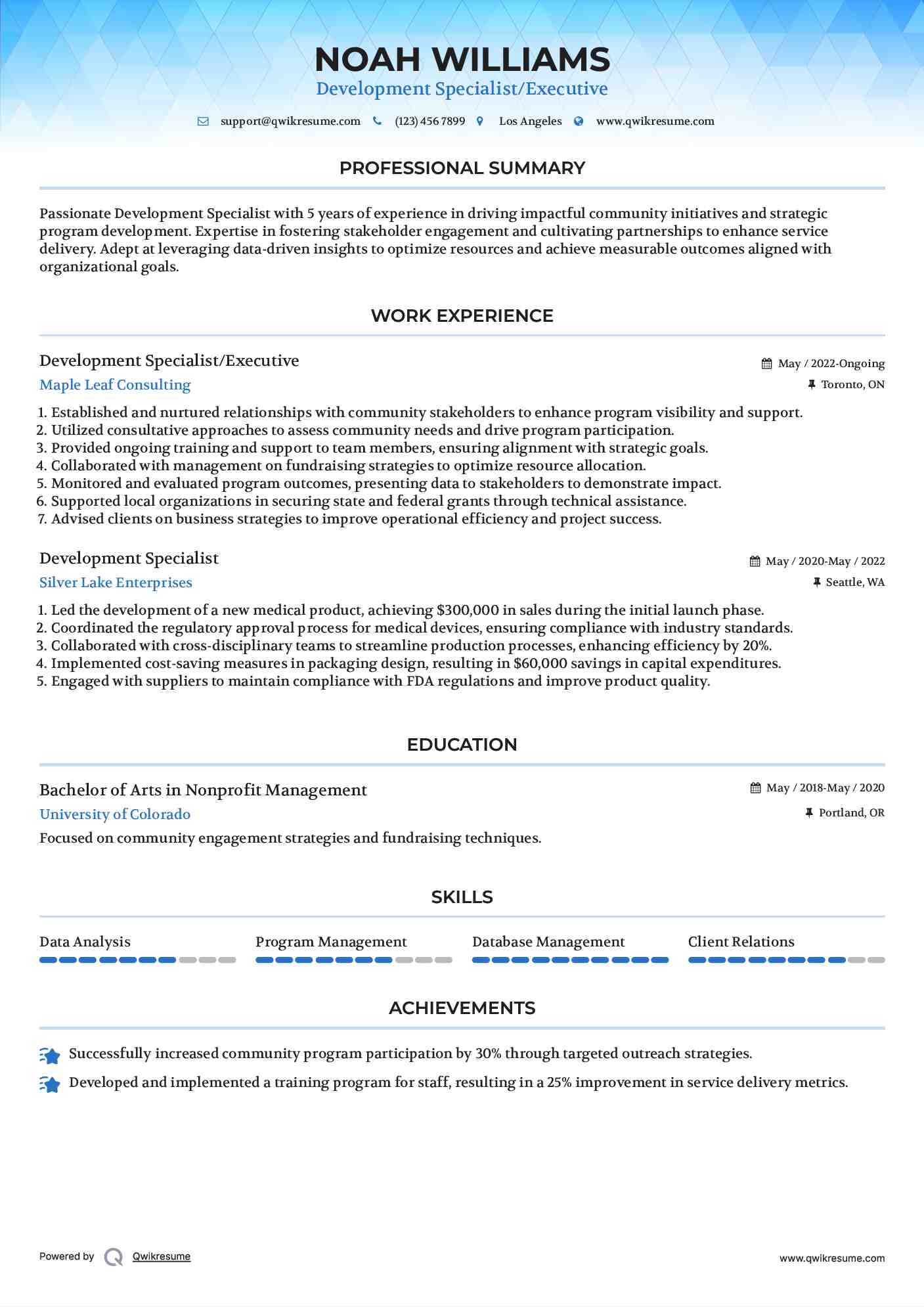 Development Specialist/Executive Resume Example