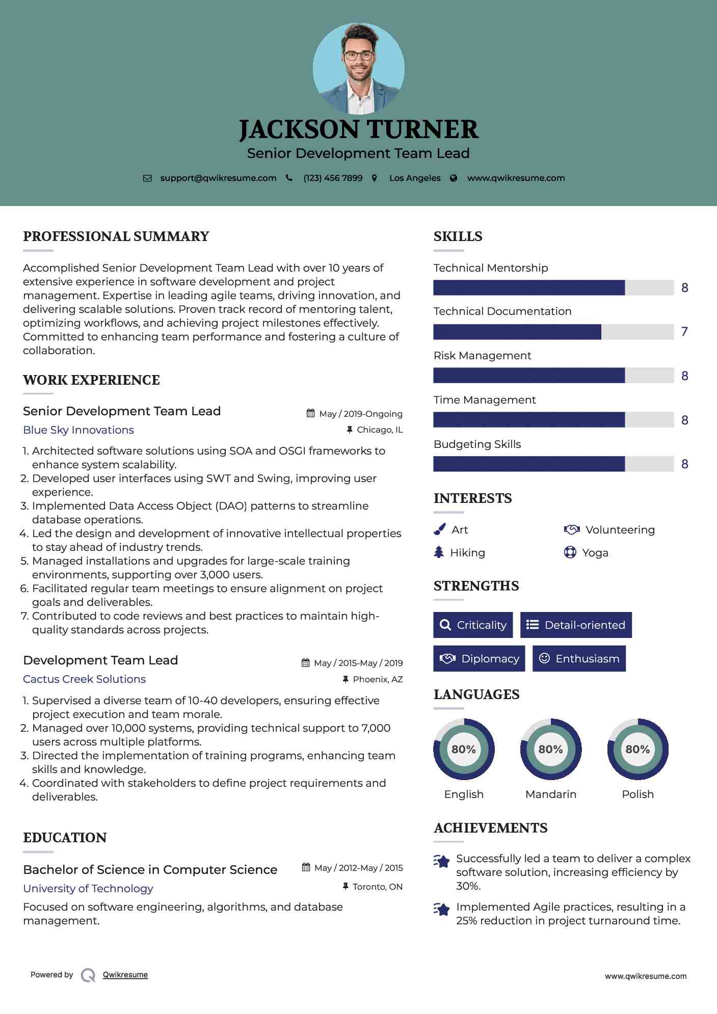 Senior Development Team Lead Resume Sample