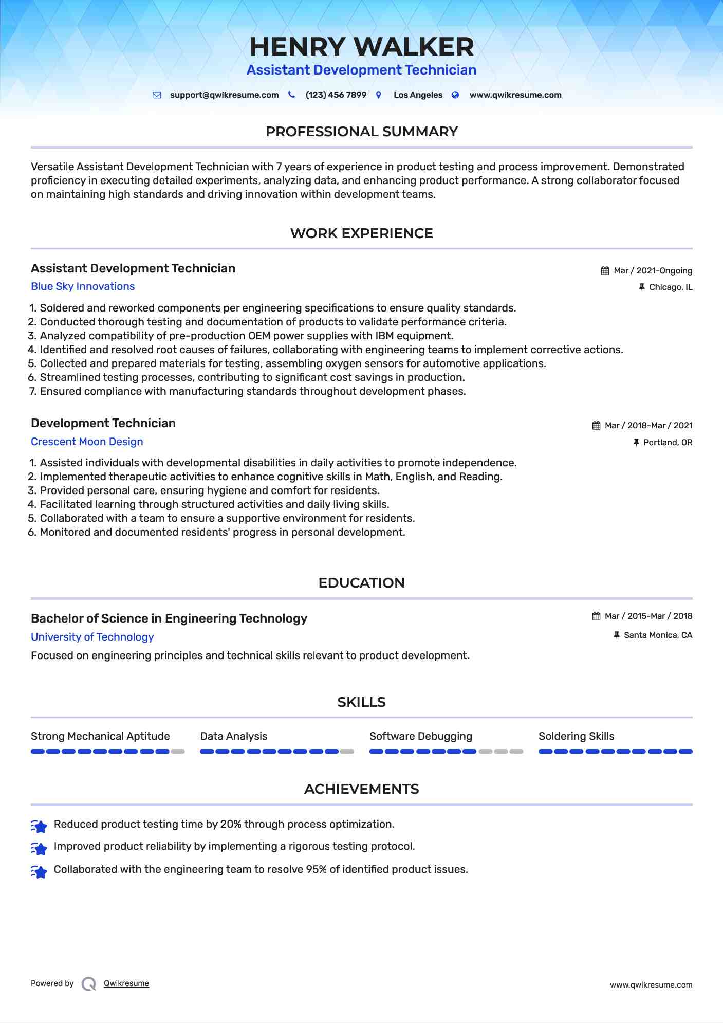Assistant Development Technician Resume Model