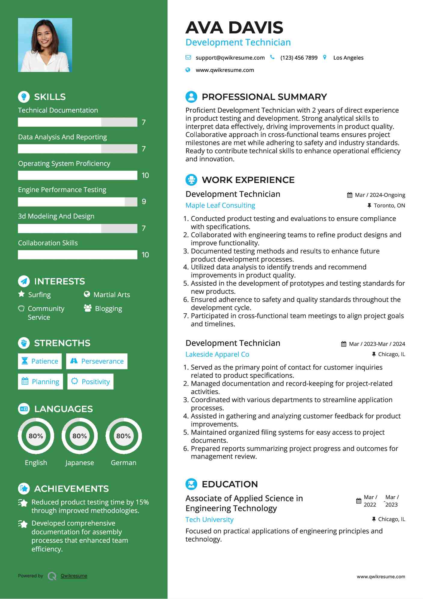 Development Technician Resume Sample