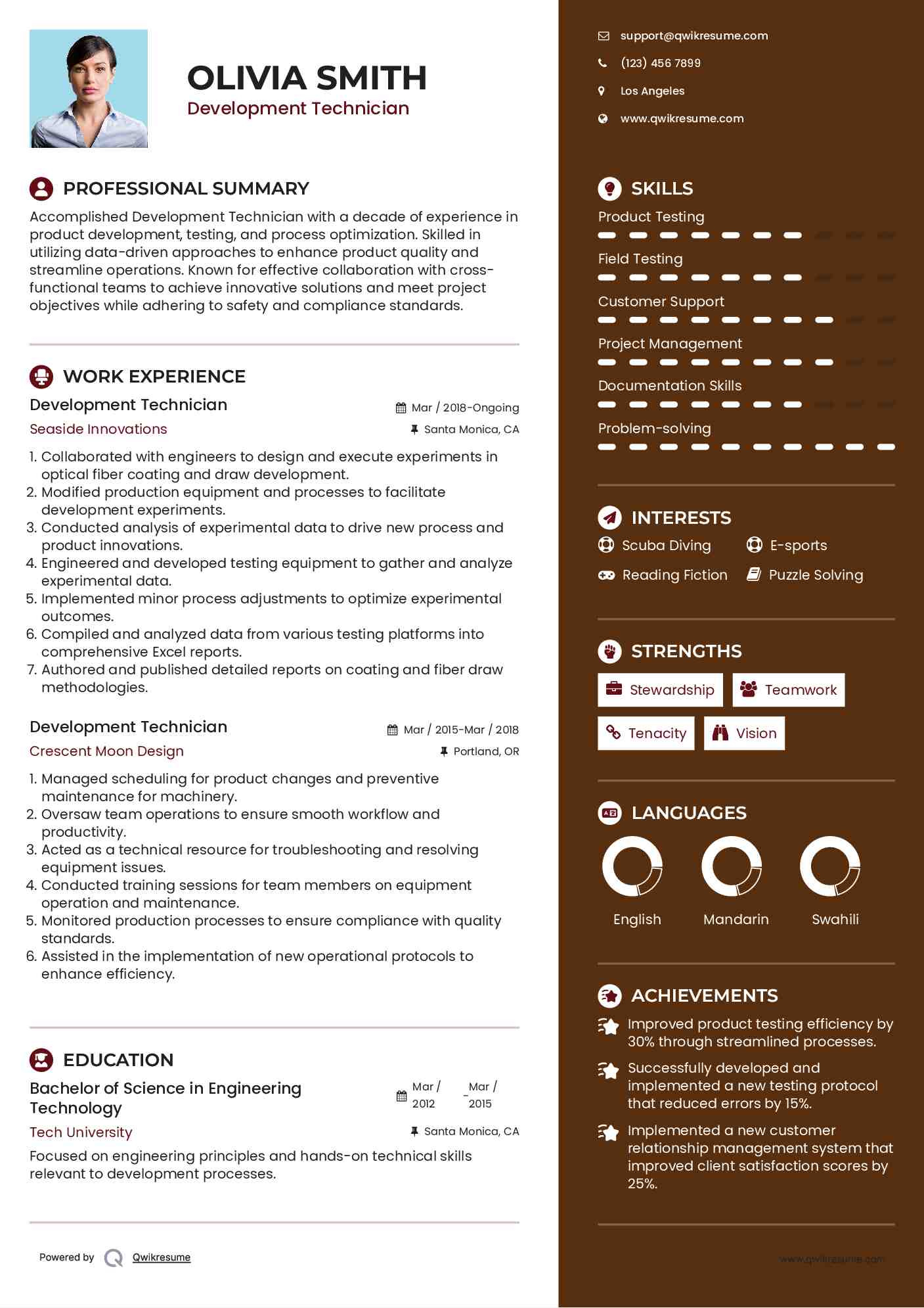 Development Technician Resume Example