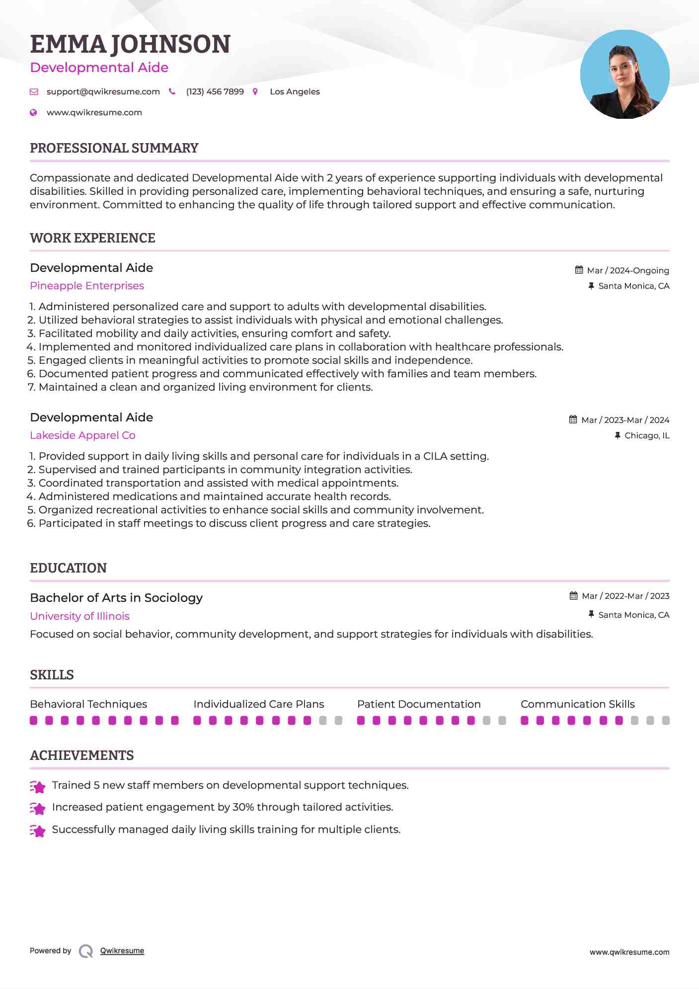 Developmental Aide Resume Sample