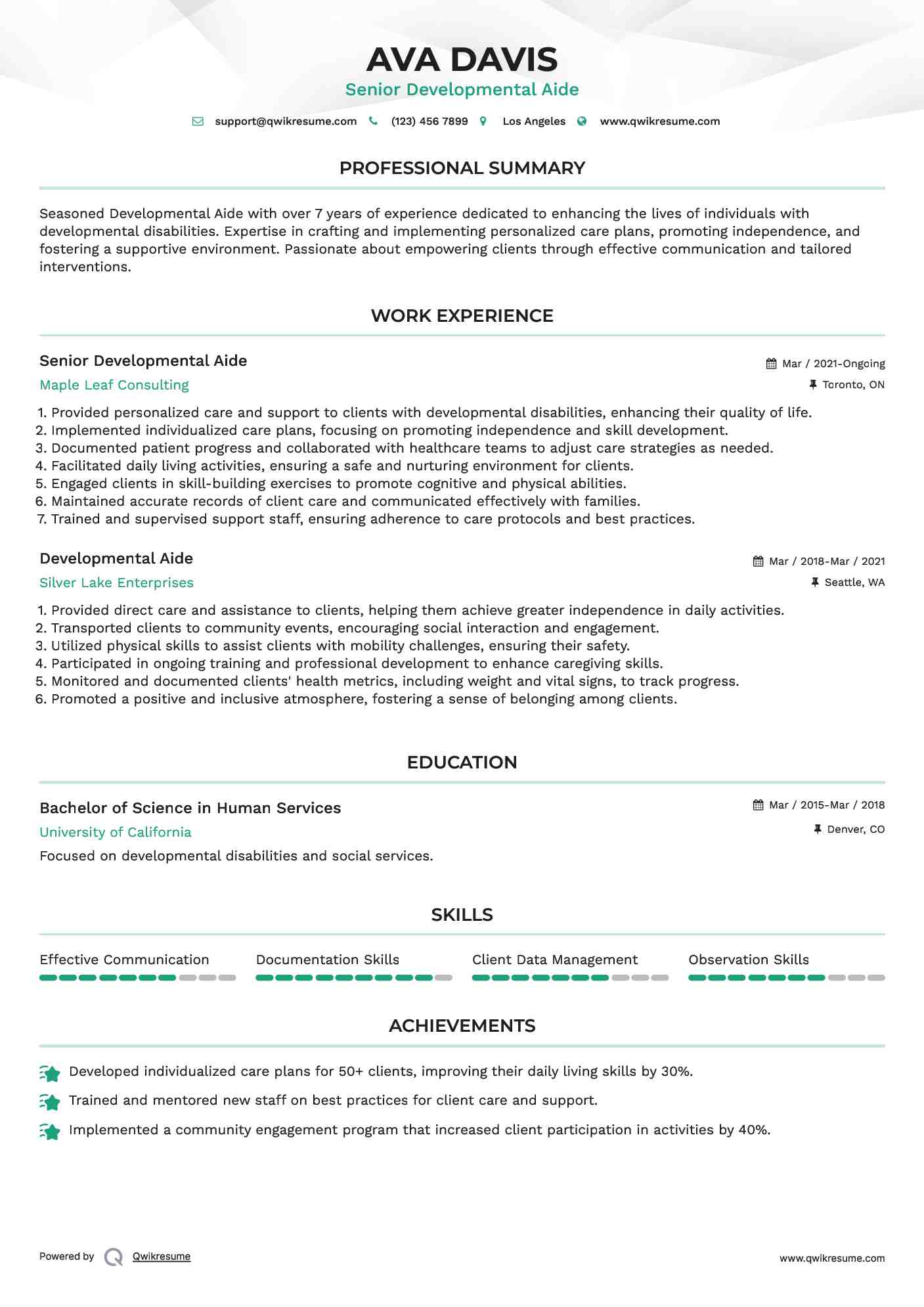 Senior Developmental Aide Resume Format