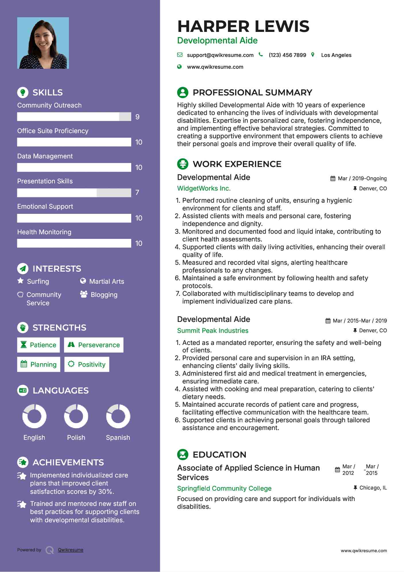 Developmental Aide Resume Model
