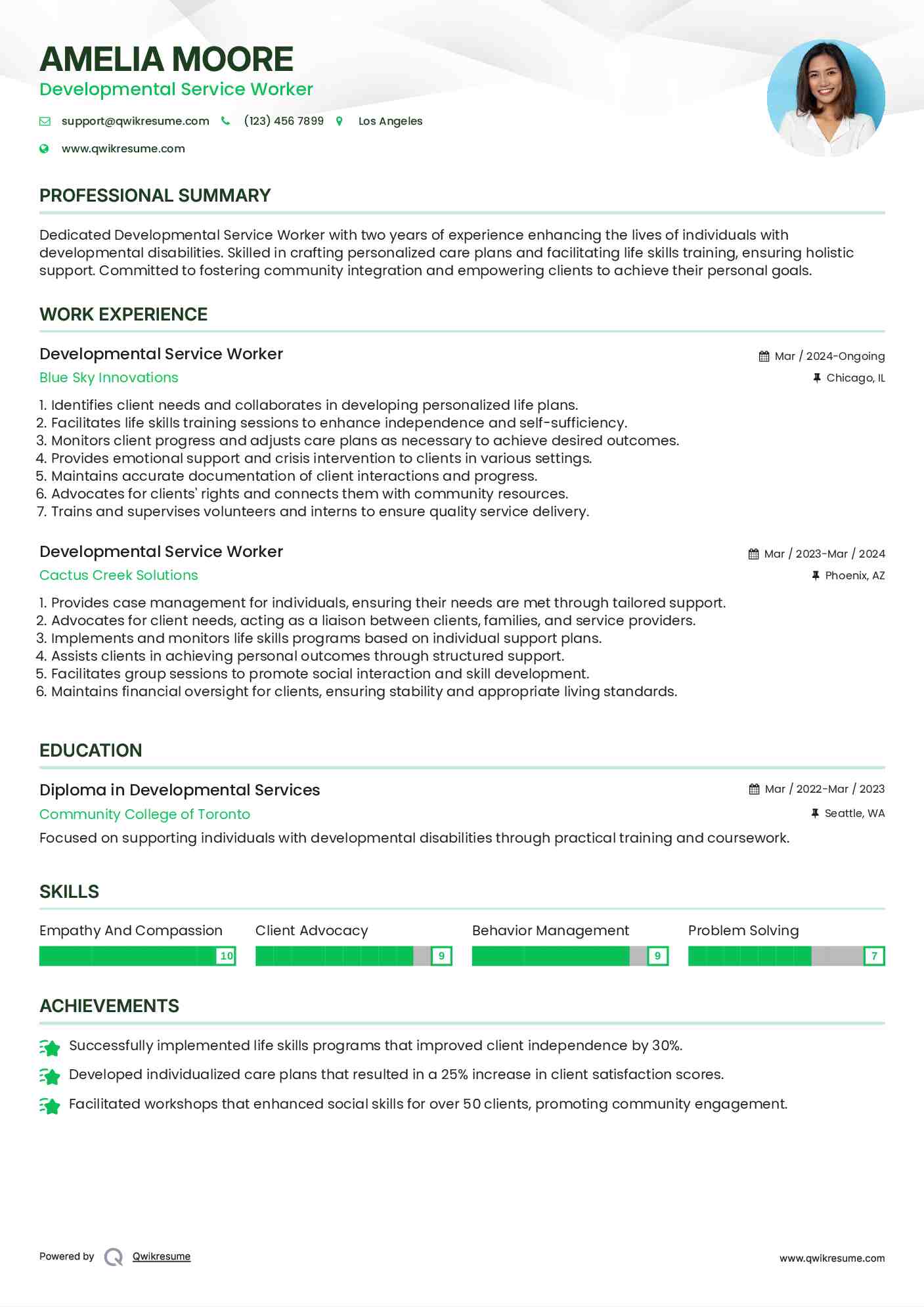 Developmental Service Worker Resume Model