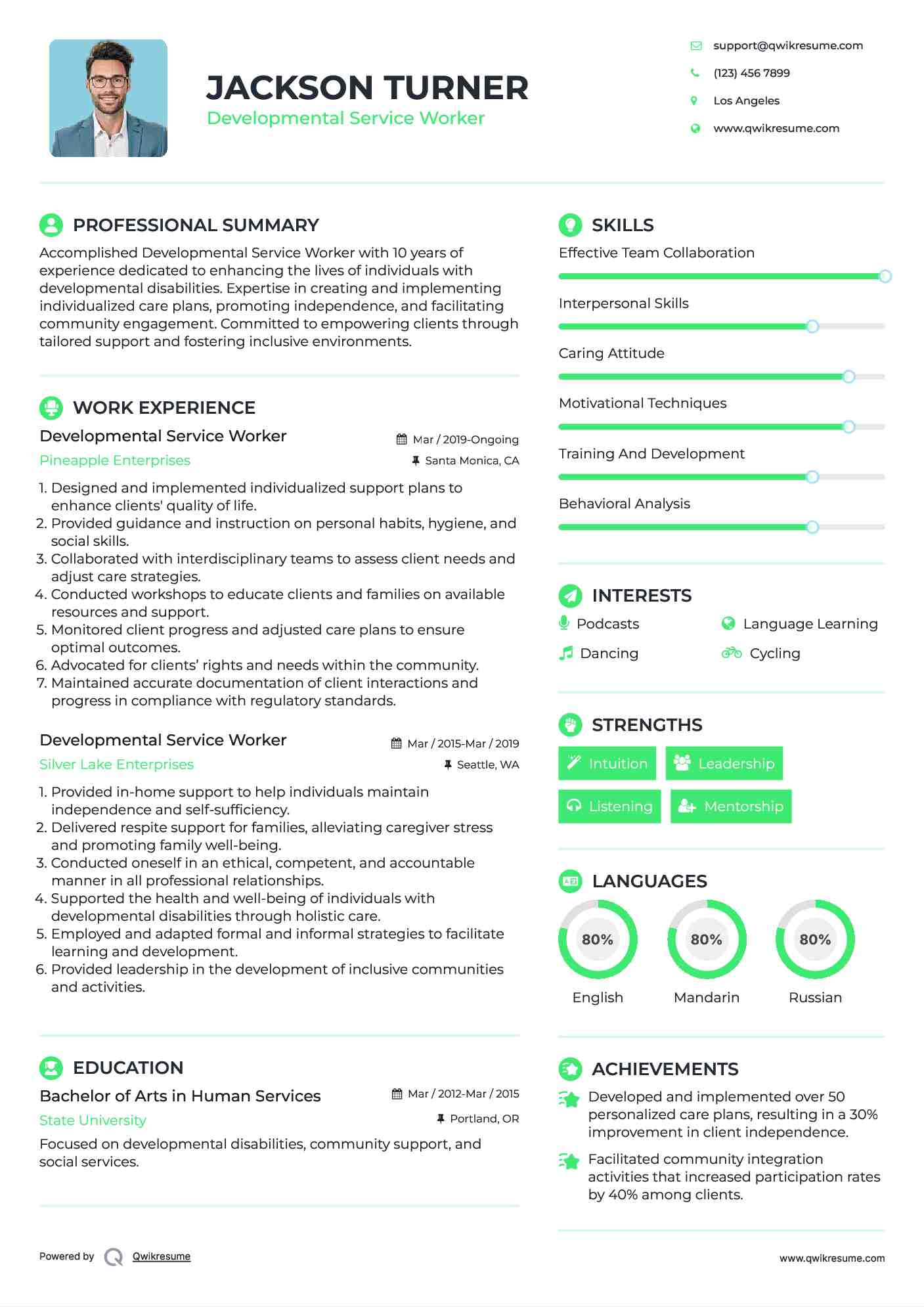 Developmental Service Worker Resume Sample