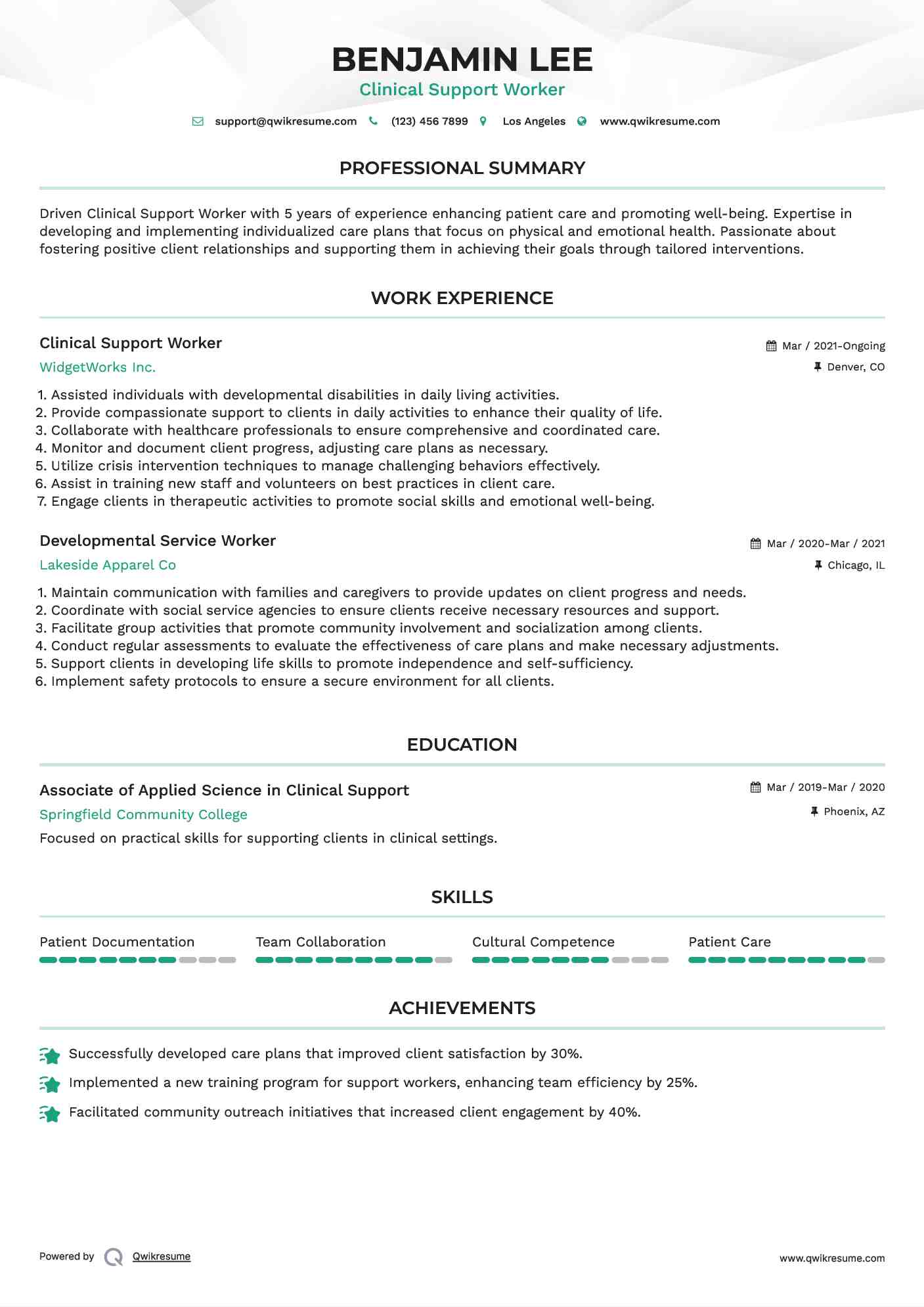 Clinical Support Worker Resume Sample