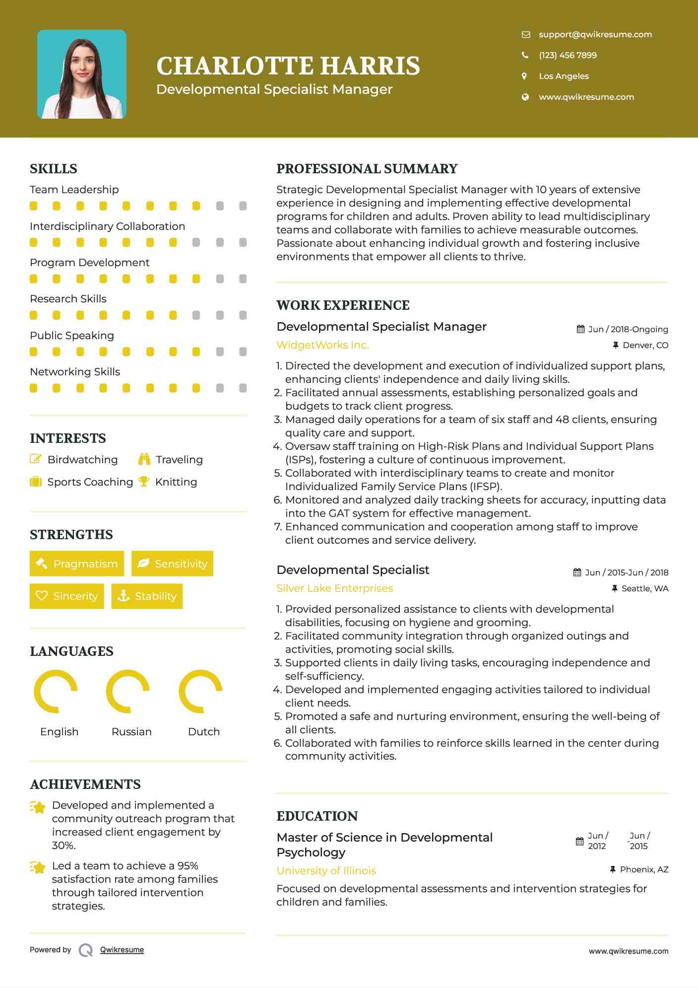 Developmental Specialist Manager Resume Model